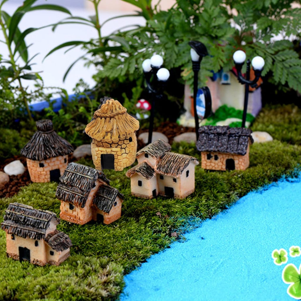 10PCS Mini House Miniature Resin House Figurines Small Village Cottage Fairy Garden Accessories Outdoor Micro Landscape Decor Mini Garden Lawn Terrariums Plant Pots Ornament