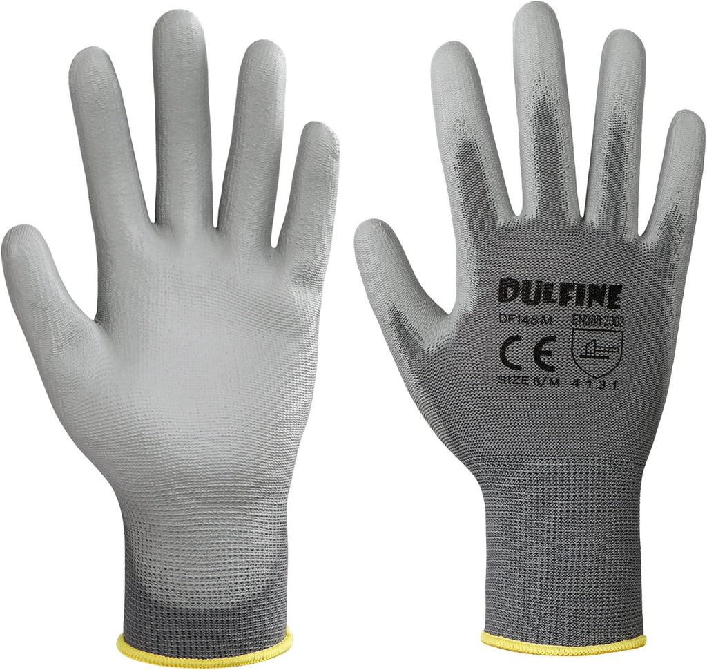 DULFINE Safety Work Gloves for Men PU Coated 60 Pairs Bulk Pack,Grey Seamless Knit Glove with thin Polyurethane Coated Smooth Grip on Palm & Fingers,Ideal for General Duty Work (Extra Large)