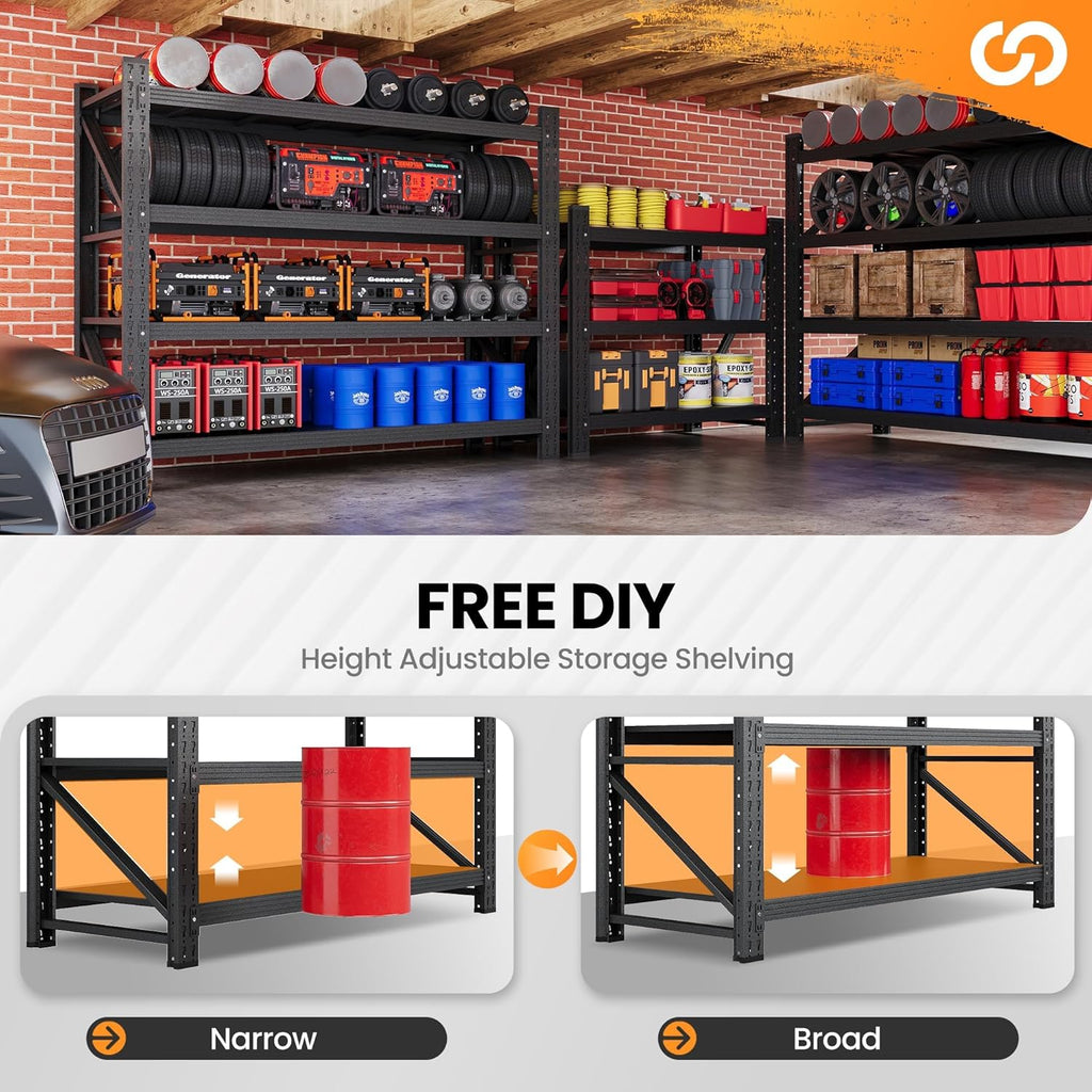 Set of 2 Storage Shelves, 4 Tier Heavy Duty Garage Shelving Units, 48” Wide Rack Shelf, 3000LBS Steel Industrial Shelving, 24” Deep Adjustable Standing Shelf for Warehouse 24" D x 48" W x 70" H Black