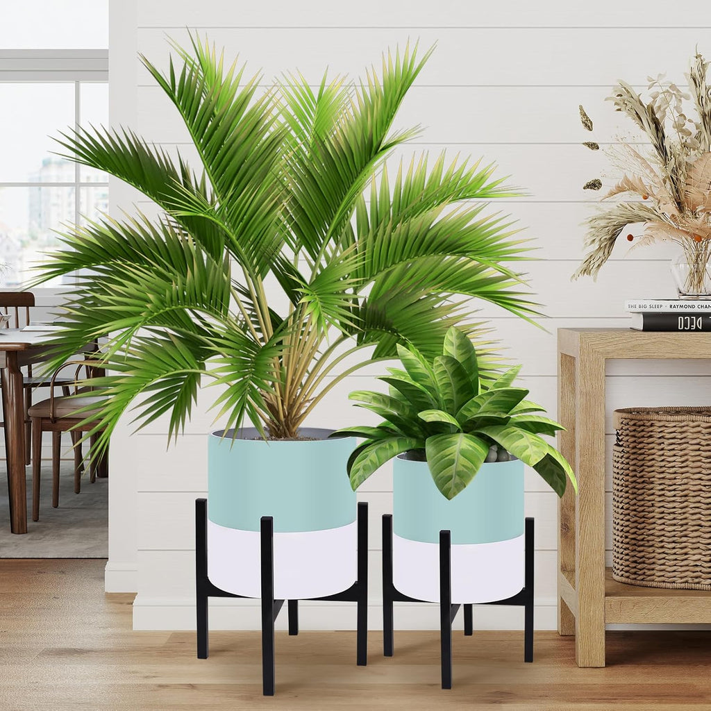 10 & 12 Inches Plant Pots with Stand-Large Indoor Planters with with Drainage Holes,Modern Planting Pots with White and Green Color Matching for Living Room, Office, Garden Or Balcony