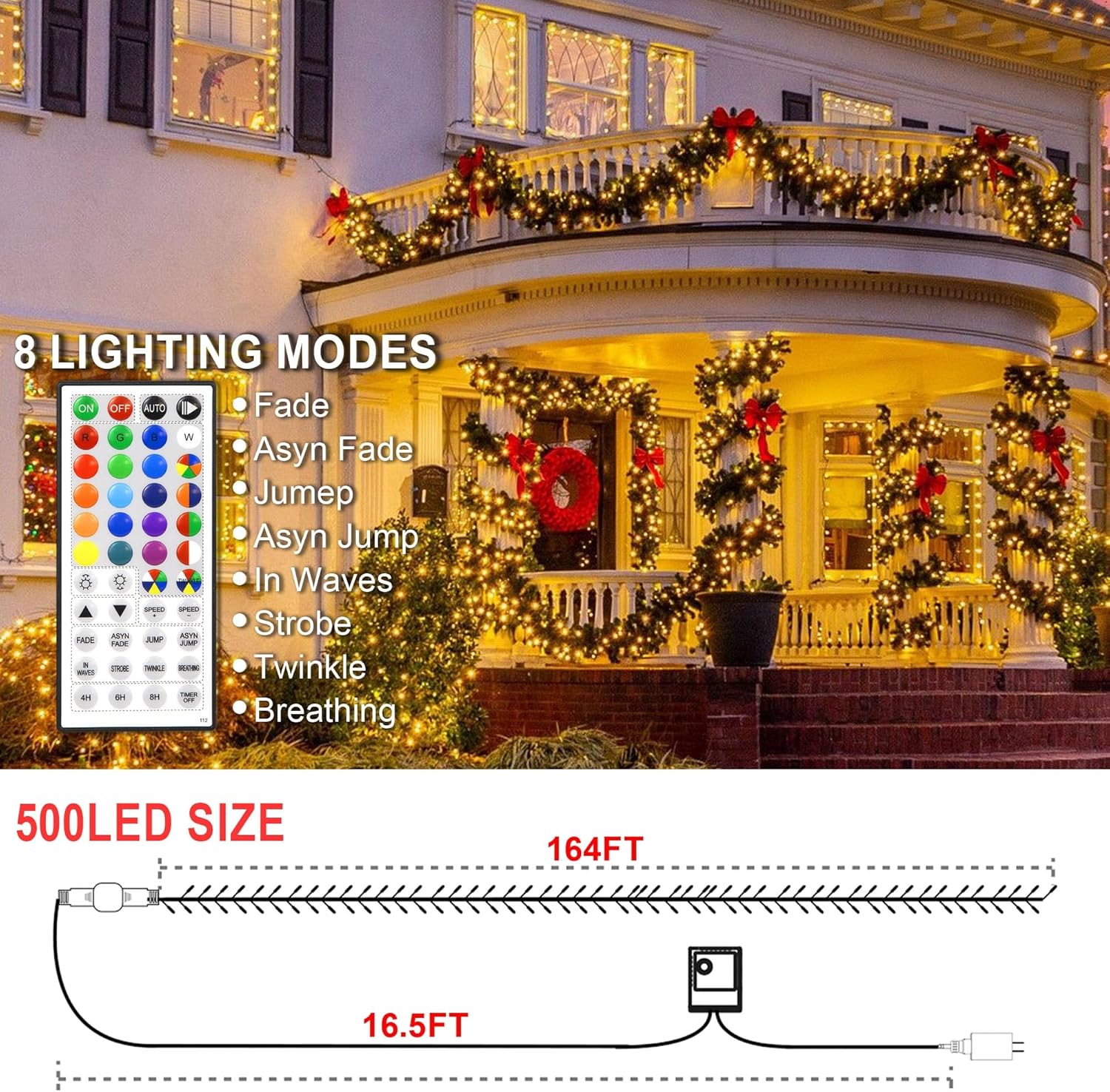 164 FT 500 LED Christmas String Lights, Waterproof RGB String Lights with Remote Control&Timer Function, 24 Colors Changing Fairy Lights for Indoor Outdoor Room Wall Christmas Tree Party Decoration