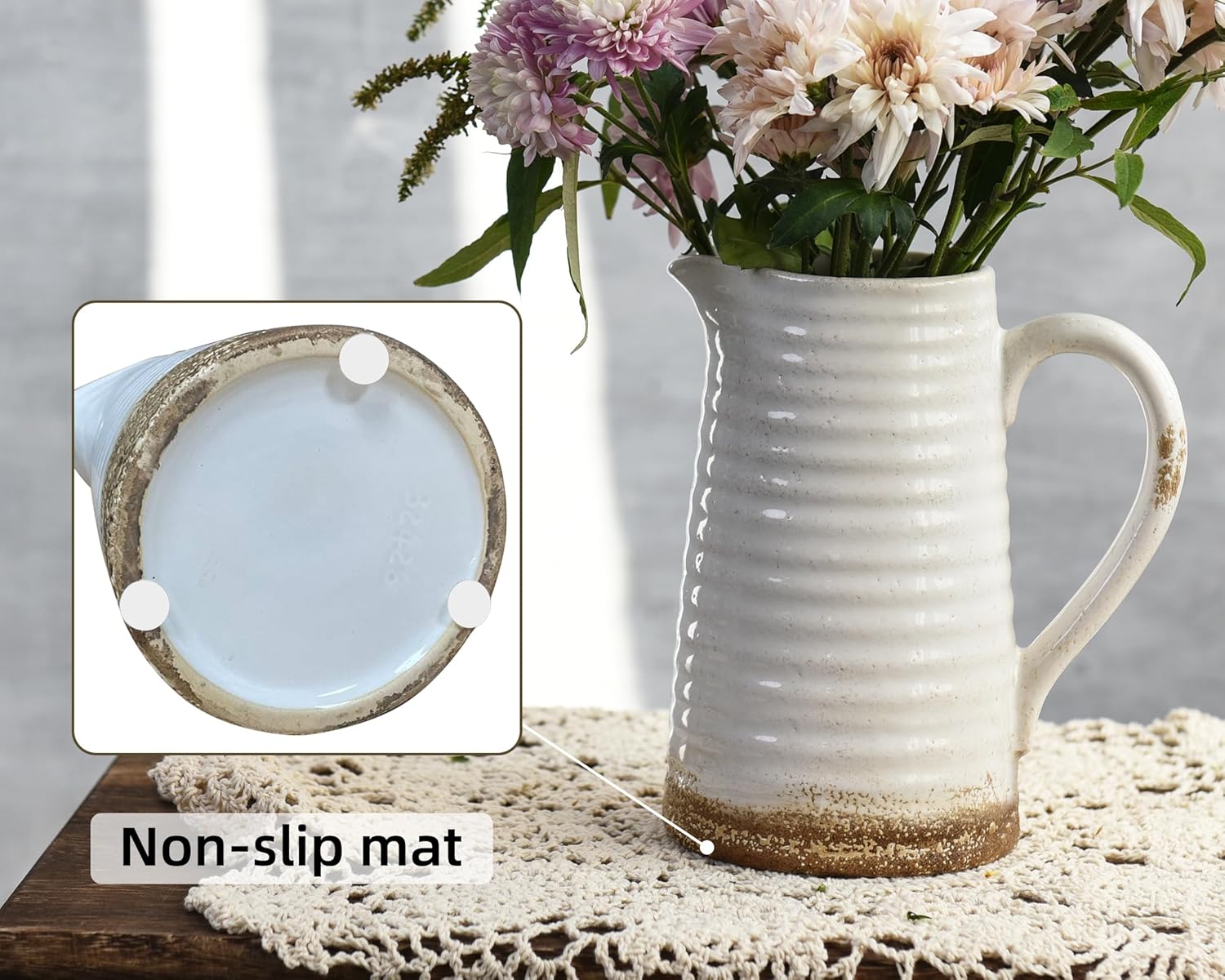 Quoowiit Ceramic Rustic Vase with Handle, White Distressed Decorative Farmhouse Pitcher Vase for Home Decor Living Room Bedroom Kitchen Office Shelf Decor Centerpiece Table Decoration