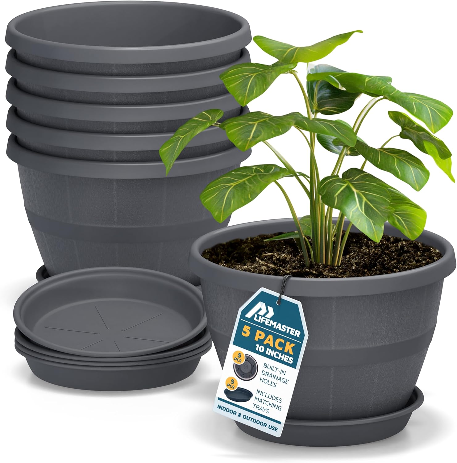 10-Inch Whiskey Barrel Planters Outdoor Pack of 5 - Durable Plastic Plant Pots for Indoor & Outdoor Use with Drainage & Saucer, Lightweight Rustic Barrel Planters for Flowers, Herbs & Small Plants