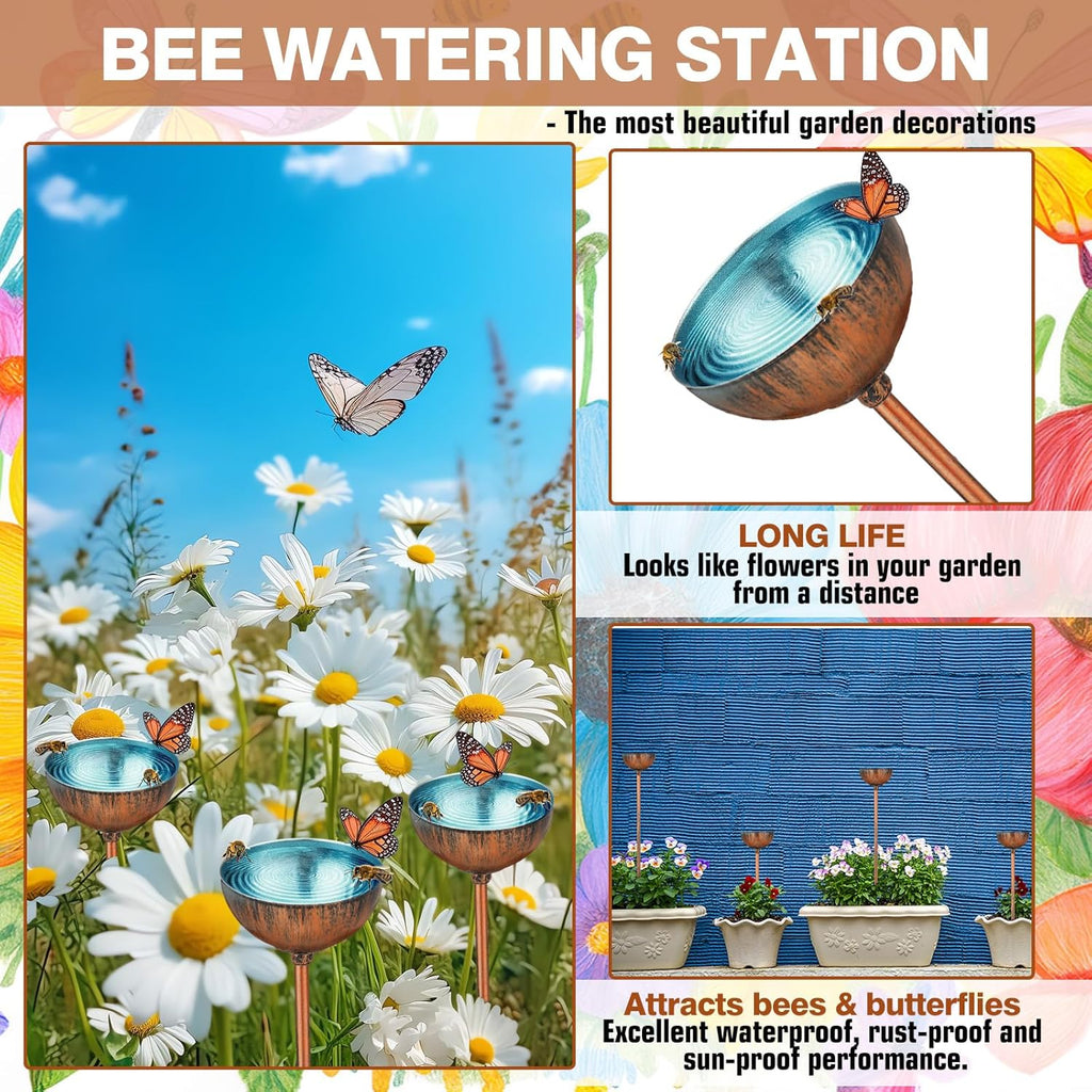 9 Pcs Bee Watering Station for Garden Bee Metal Watering Cups Butterfly Water Feeder Small Insects Bath Bowl Cups Metal Stakes for Outdoor Garden Decor, Blue