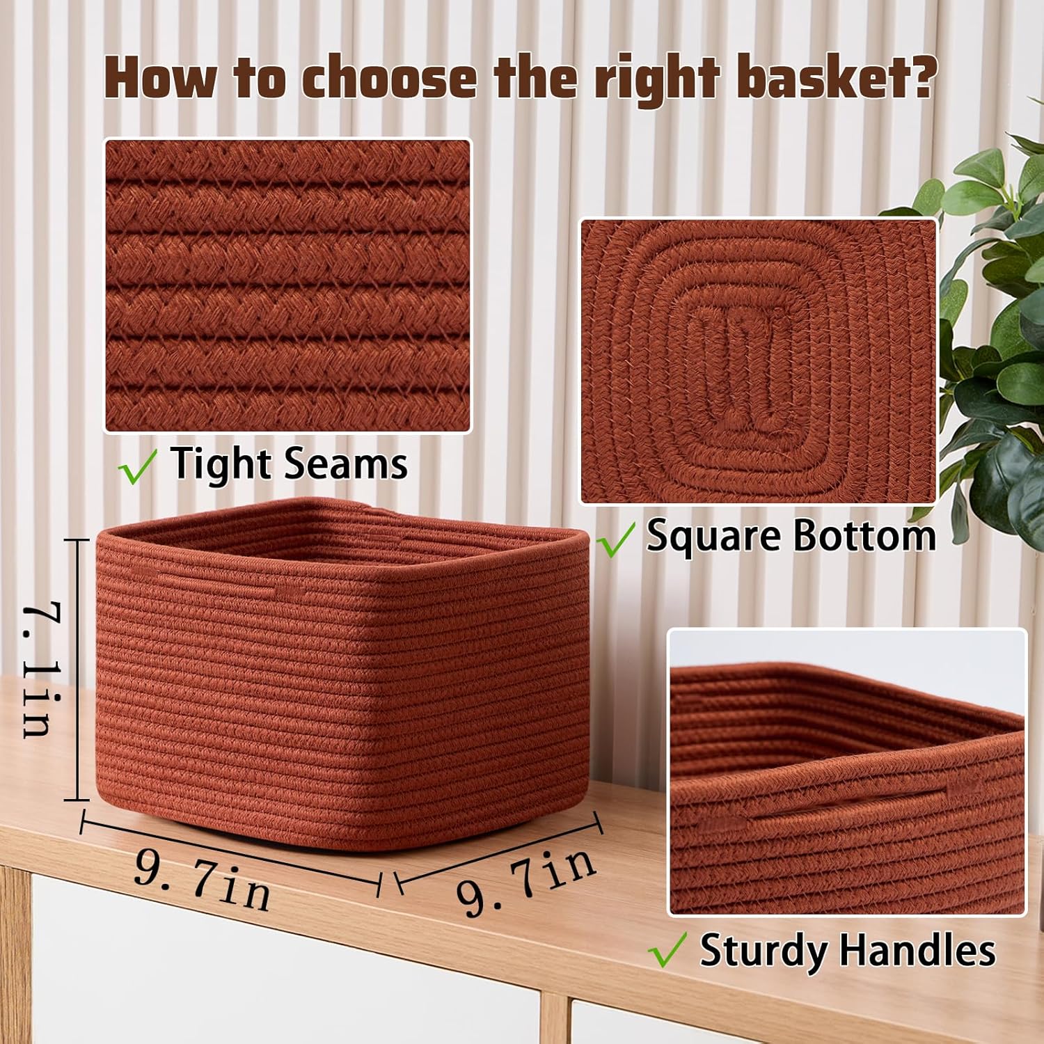 Small Organizing Baskets for Cubes Shelf, 9.7x9.7x7.1 Inch Rope Woven Storage Bins for Nursery Shelves Storage, Cute Toy Basket, Square 3 Packs Oxide Red