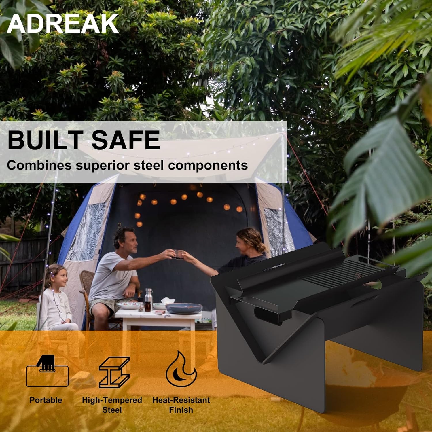 18 inch Fire Pit, Outdoor Portable Firepit with BBQ Tray, Detachable Camping Steel Fire Pits for Backyard, Patio, Picnic, Bonfire, Garden (Black-Small)