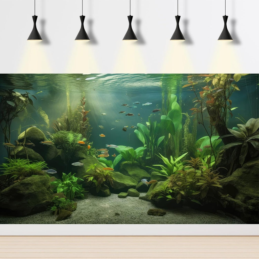 Under The Sea Aquarium Background Underwater Aquatic Plants Fish Tank Background Tropical Fish Rock with Moss Terrarium Background Undersea Green Grass with Sunbeams Terrarium Background 72x16in