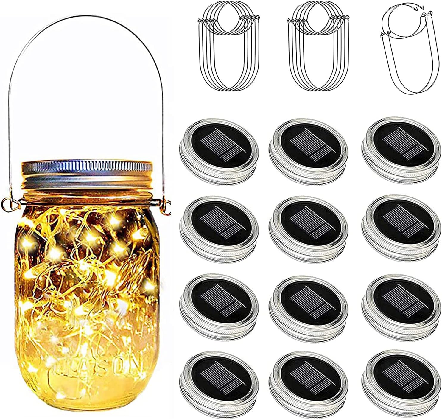 Solar Mason Jar Lights Lids, 12 Pack 30 Led Fairy Lights(Jars Not Included), Outdoor Hanging Mason Jar Solar Lights, Fairy in a Jar Firefly Lights for Patio Garden Table Decor Gifts