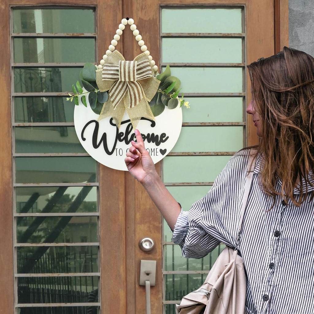 3D Welcome Sign for Front Door |Home/Farmhouse Porch Décor Wooden Hanging Sign with Artificial Leaves and Rustic Beads | Christmas Classroom |12" Round|White