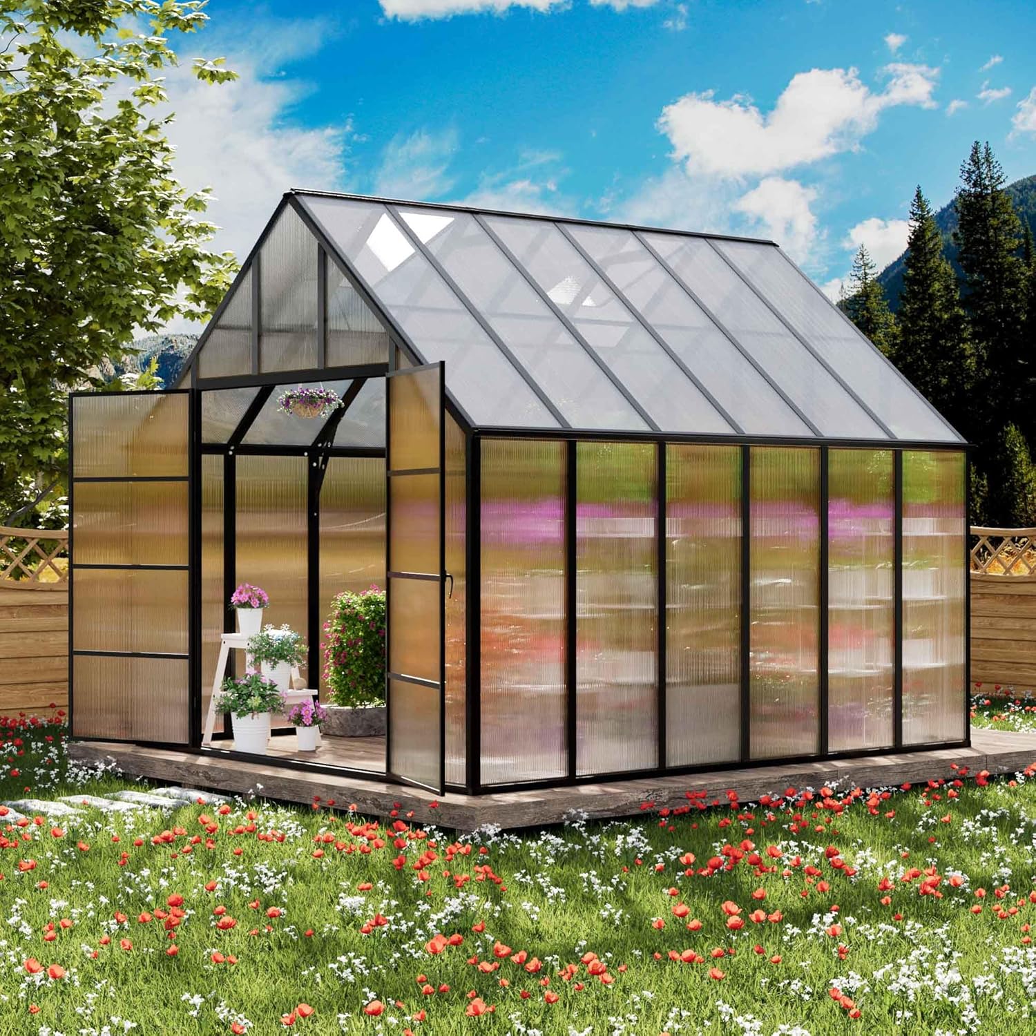 10x10x12 FT Heavy-Duty Greenhouse 2.0 with Polycarbonate Panels, Swing Door, Hinged Roof Vent, and Rain Gutters for Outdoor Use, Aluminum Black