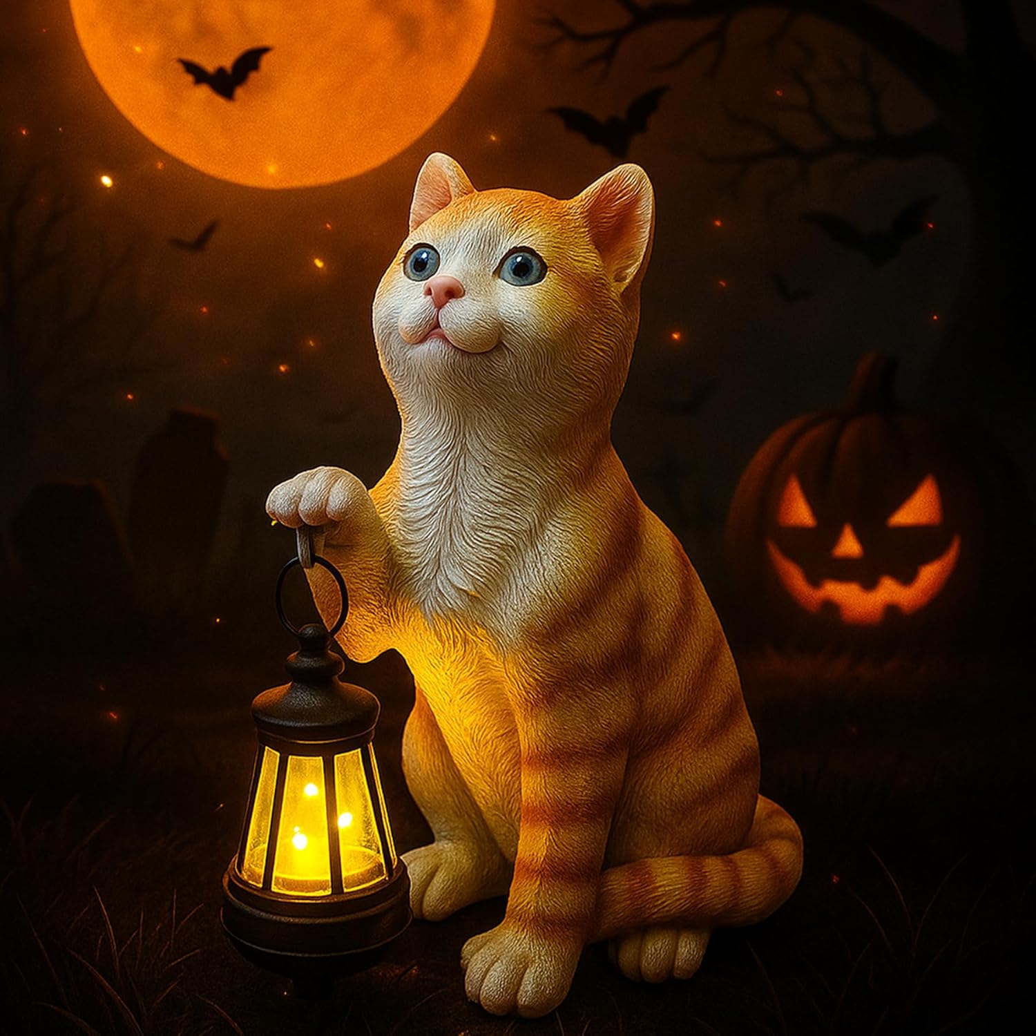Garden Decor Solar Cat Statues with Solar Lantern Outdoor Decor Lovely Tabby Cat Figurine Halloween Yard Decoration Spooky Lawn and Garden Decor Holiday Party Ornament for Cat Lovers