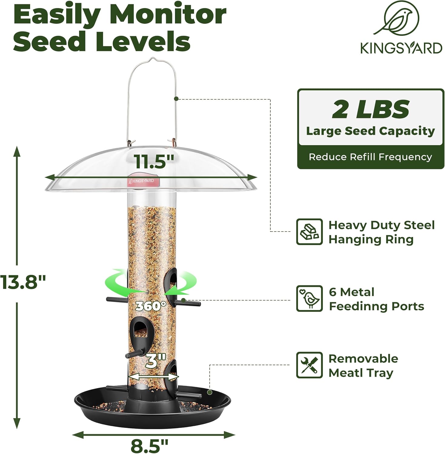 Kingsyard Metal Bird Feeders for Outdoors Hanging, Wild Bird Feeder for Finch Cardinal, Large Tray and Rainproof Dome, 2 lbs Seeds Capacity (Black)