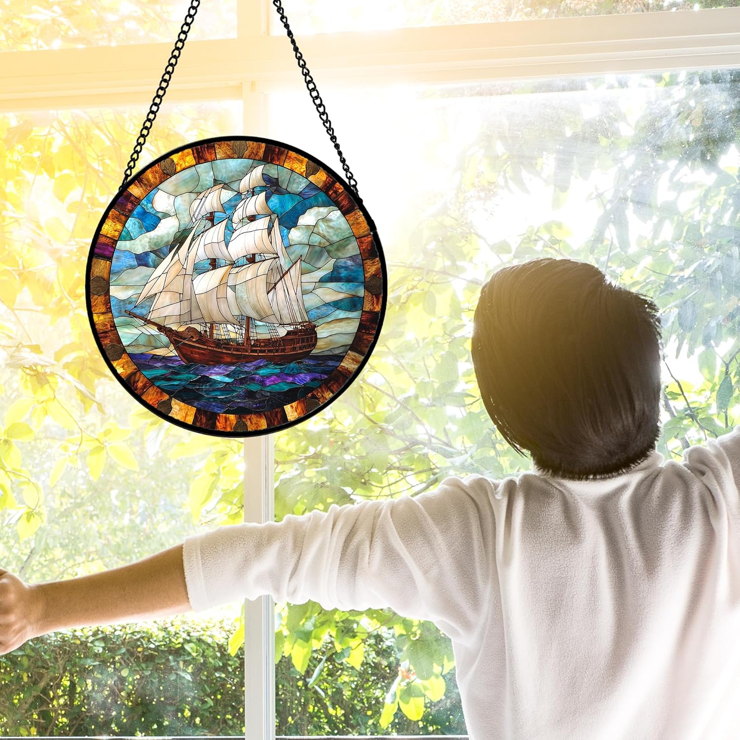Stained Glass Window Hanging, Sailing Ocean Sun Catchers Glass Panel Navigation Suncatcher Decor for Birthday for Women, Men, Wife, Aunt, and Mom 7.8 in