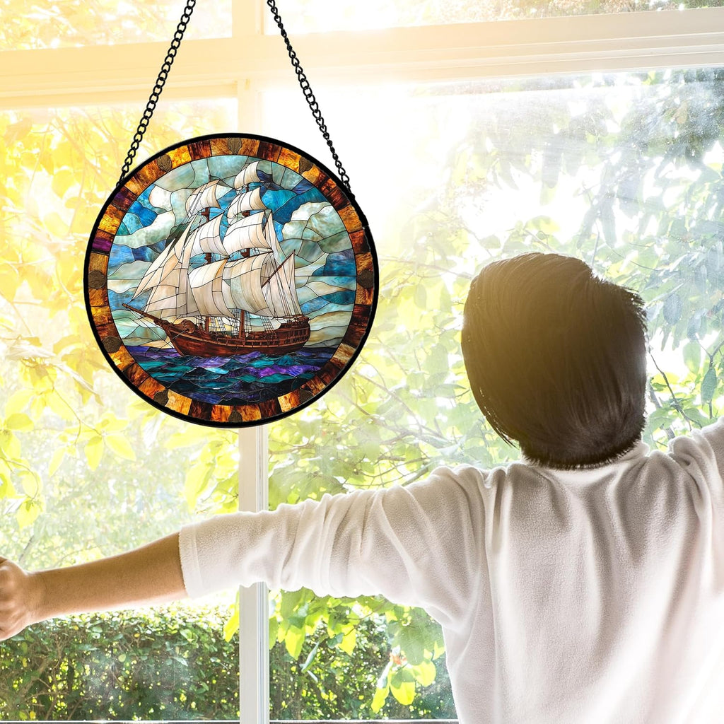 Stained Glass Window Hanging, Sailing Ocean Sun Catchers Glass Panel Navigation Suncatcher Decor for Birthday for Women, Men, Wife, Aunt, and Mom 11.8x11.8 in