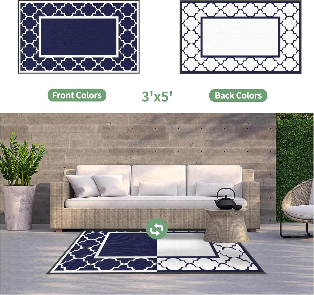 GENIMO 3' x 5' Outdoor Rug Waterproof for Patio Decor, Foldable Reversible Plastic Straw Area Rugs Mat for Camper, Outside Carpet for Rv, Deck, Porch, Picnic, Beach, Balcony, Blue & White