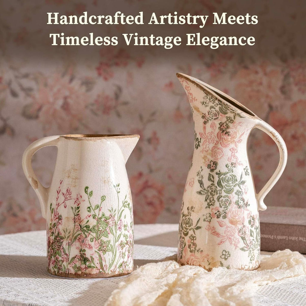 Vintage Pink and Green Floral Pitcher Vase with Handle, Ceramic Farmhouse Flower Vase French Country Decor, Rustic Table Centerpiece, Grand Millennial Tuscan Home Decor for Living Room, Bookshelf
