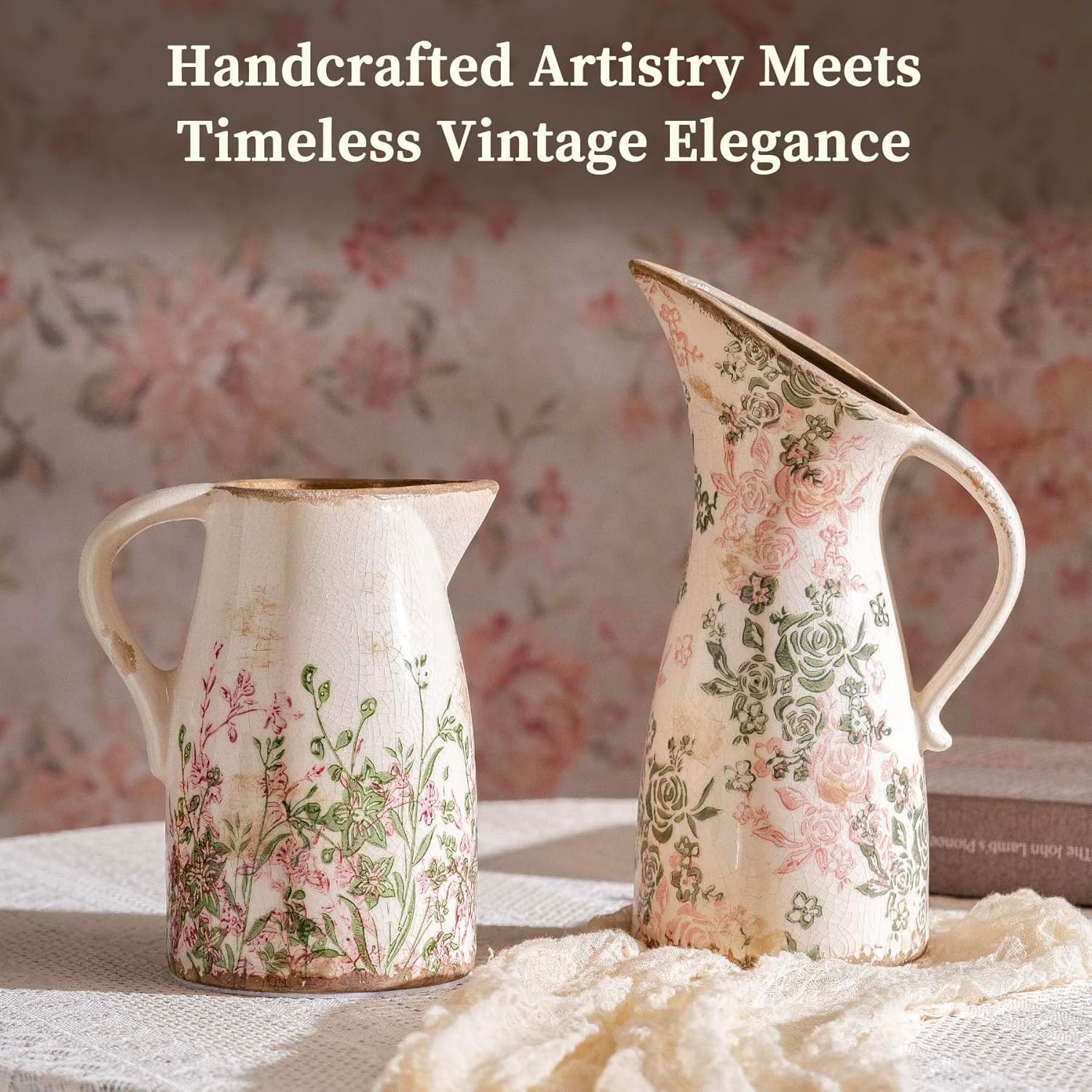 Vintage Pink and Green Floral Pitcher Vase with Handle, Ceramic Farmhouse Flower Vase French Country Decor, Rustic Table Centerpiece, Grand Millennial Tuscan Home Decor for Living Room, Bookshelf