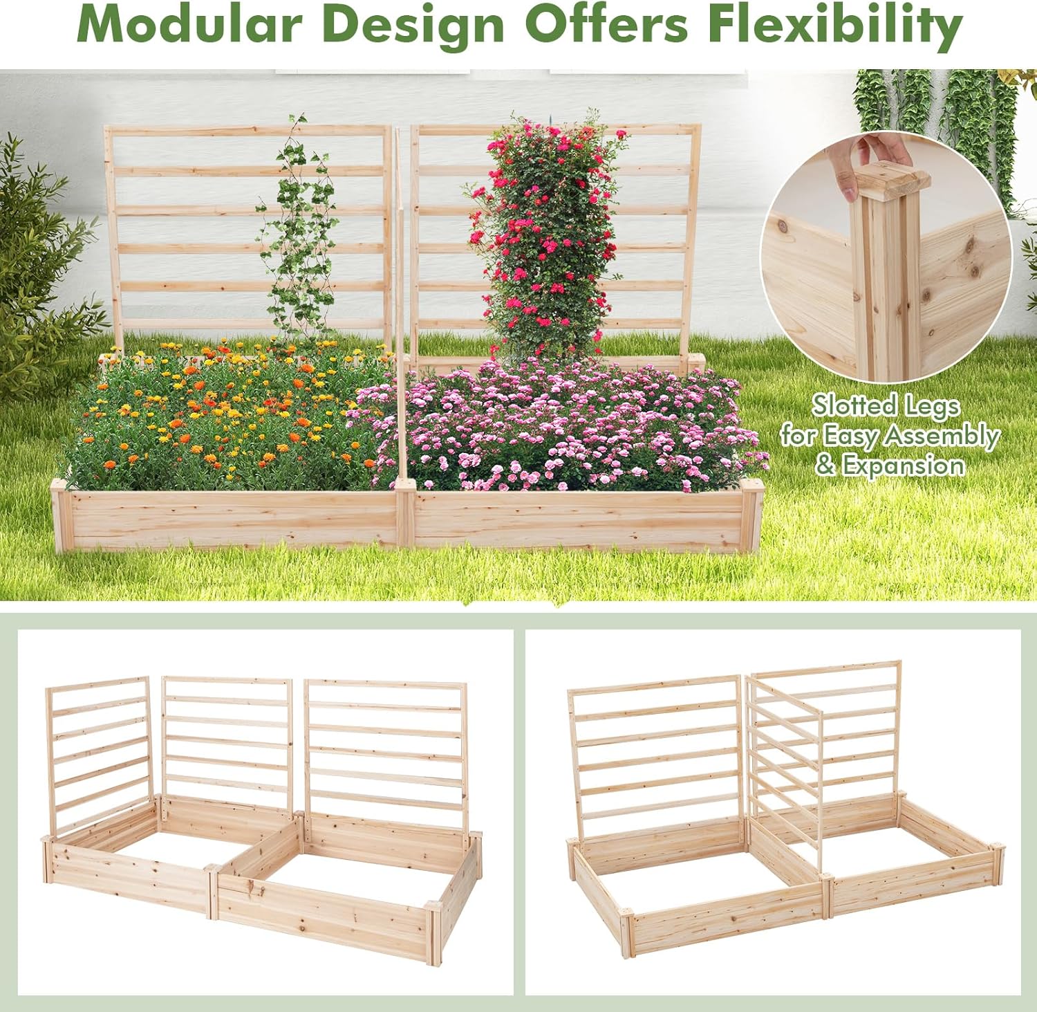 HAPPYGRILL Raised Garden Bed with 3 Trellises, Outdoor Wood Raised Bed w/ 2 Planter Boxes for Flowers, Vegetables, Fruits Climbing Vines, Elevated Garden Box for Yard Patio, 88" L x 45" W x 43" H
