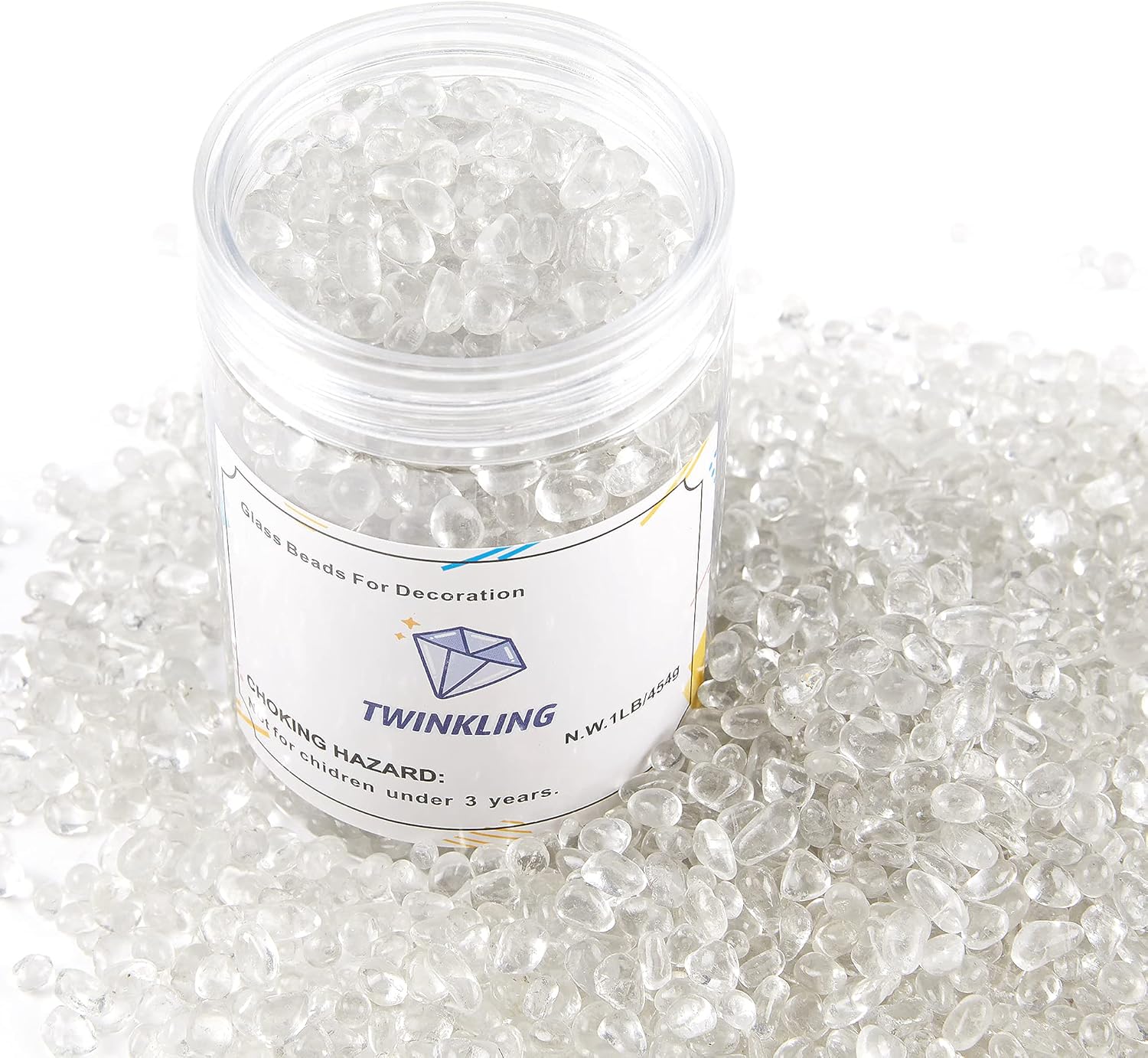 TWINKLING High Luster Round Fire Glass Stones,Glass Marbles Pebbles,Glass Beads Gems for Fire Pit Vase Fillers Crafts Aquarium Garden Decoration,3-6mm,1-Pound Jar (Crystal)