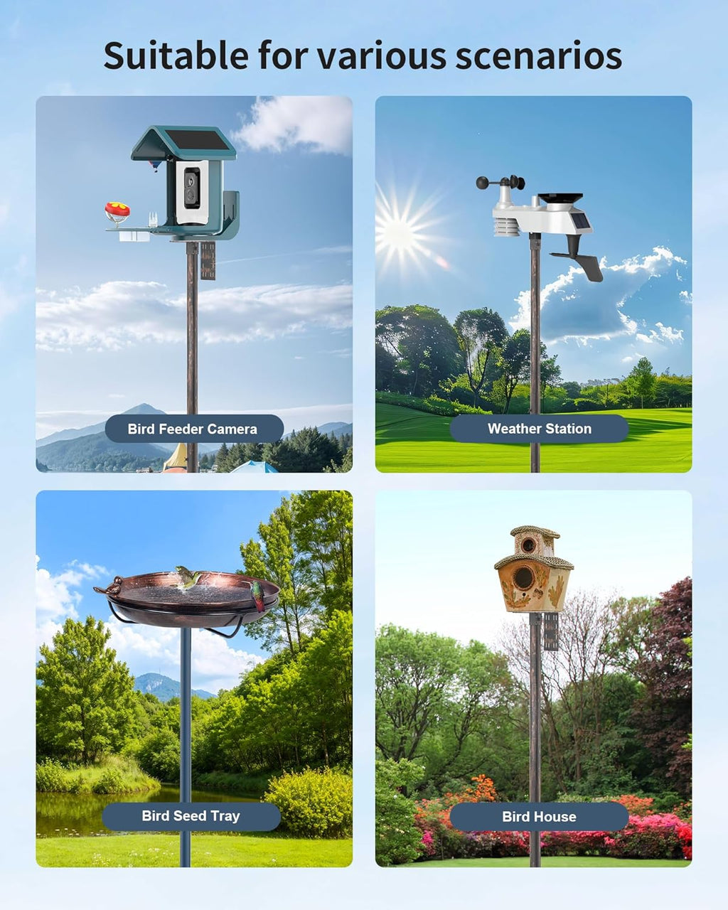 Bird Feeder Pole Stand – 60 Inch Height Feeding Station with 1-Inch Dia Heavy Duty for Hanging Feeders, Bird House Pole Mount Kit for Outdoor, Slip-Fit Connection，Copper Brushed