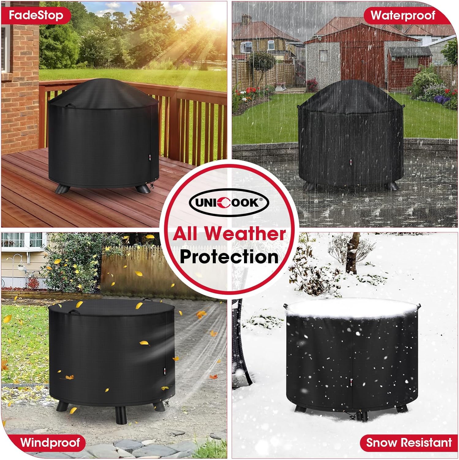 Unicook Firepit Cover Round 36 Inch, Waterproof Fade Resistant Outdoor Fire Bowl Cover with Handles & Drawstring, Fits Patio Fire Pits up to 34" Dia, Black