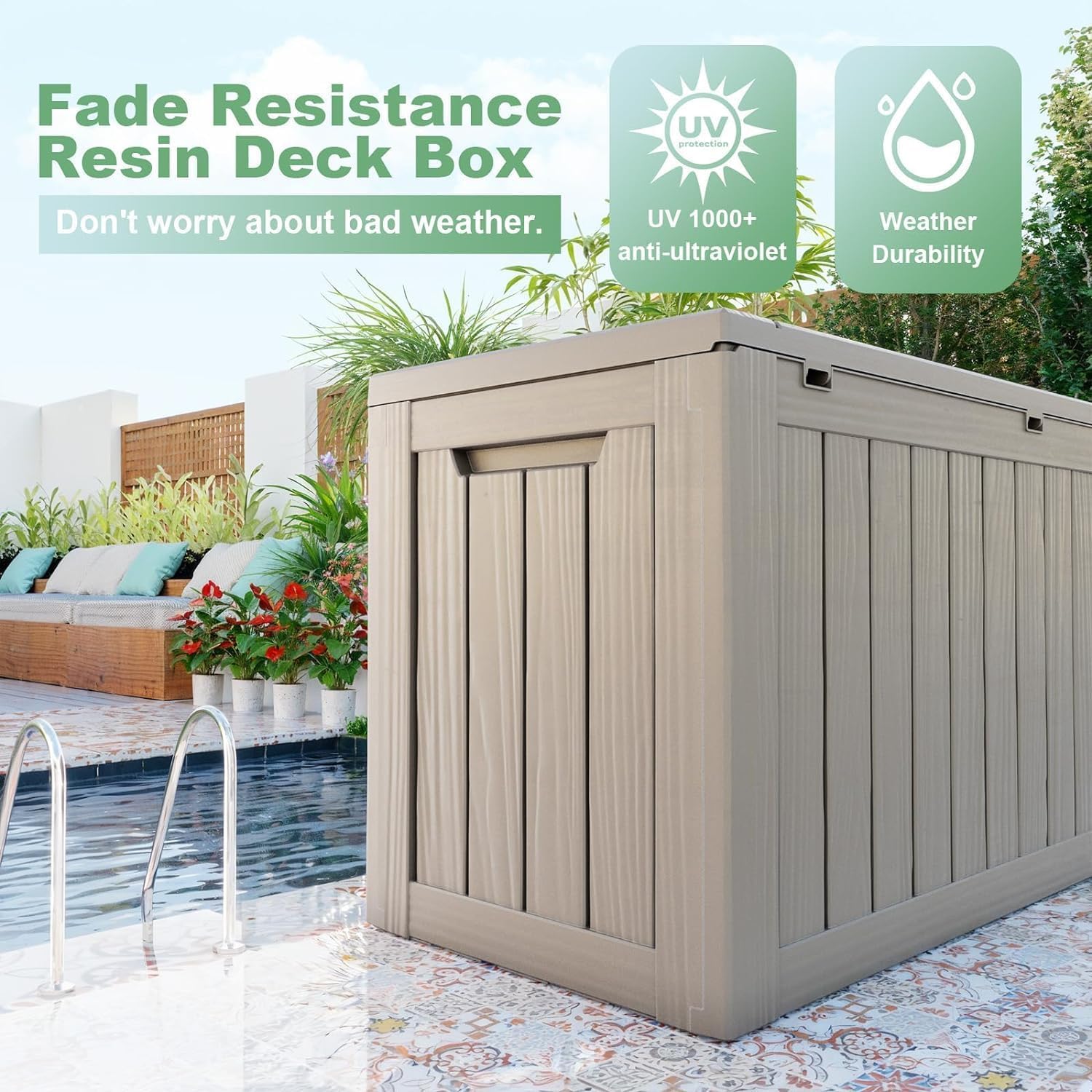 81 Gallon Outdoor Storage Box Waterproof, UV Resistant Resin Deck Box with Hydraulic Rod, Lockable Design and Enhanced Durability for Patio, Garden, and Poolside Use