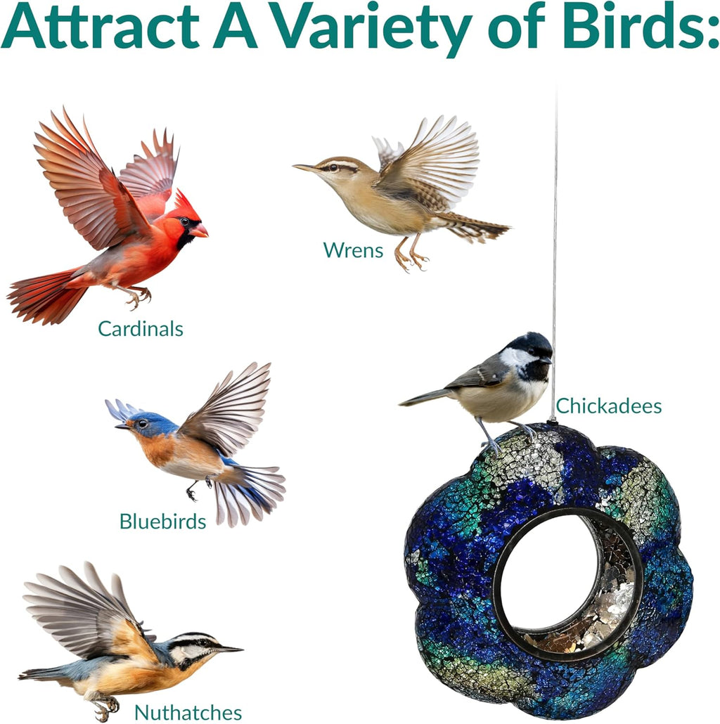 Sunnydaze 10-Inch Glass Mosaic Hanging Bird Feeder for Outdoors - Fly-Through Wild Bird Feeder - Indigo Flower Mosaic