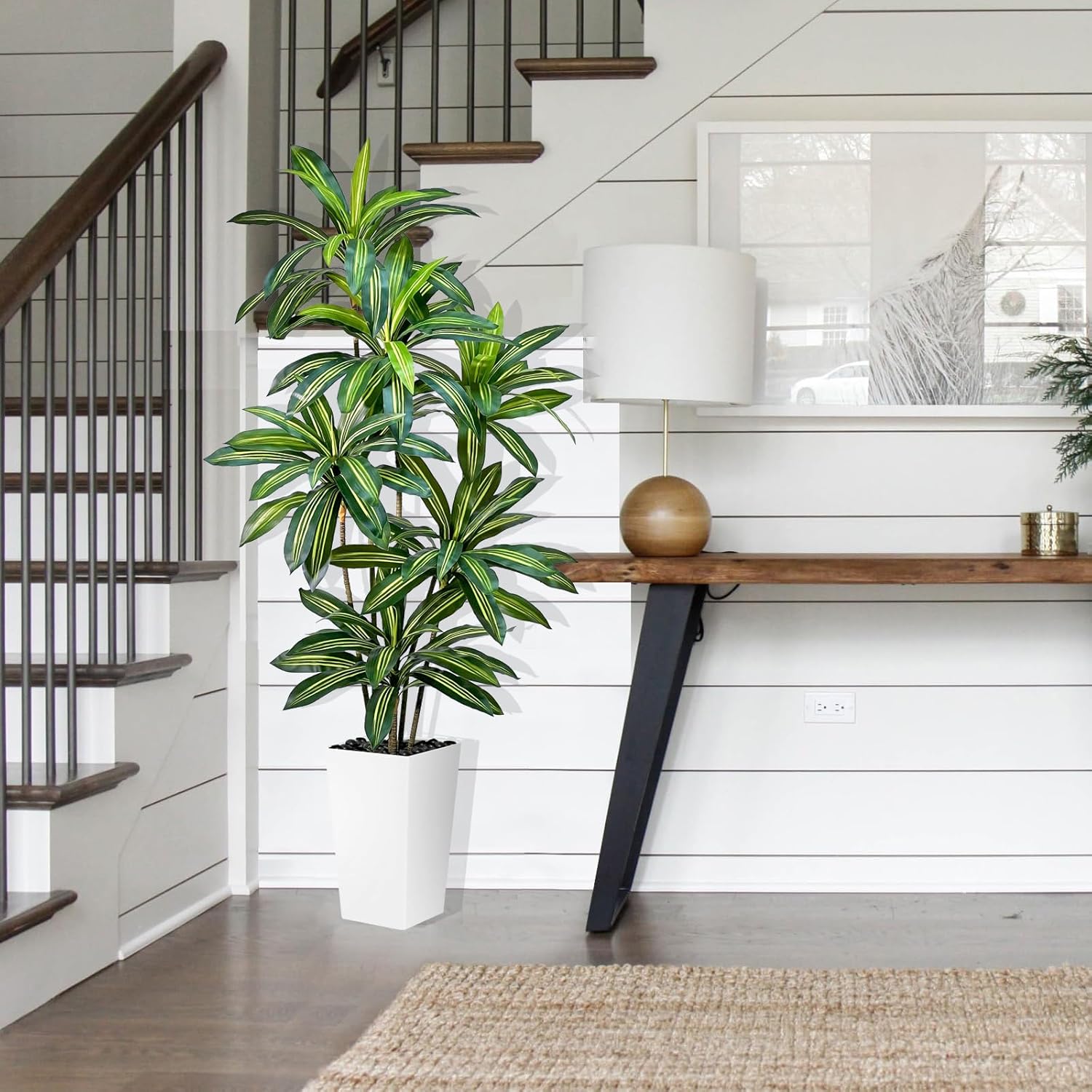 Artificial Dracaena Tree 6FT Tall Fake Plant with White Pot - Realistic Faux Dragon Tree with Tall Planter - Indoor Floor Plant for Home, Office,Mall, Living Room, Bedroom Decor (White - Planter, 6ft)