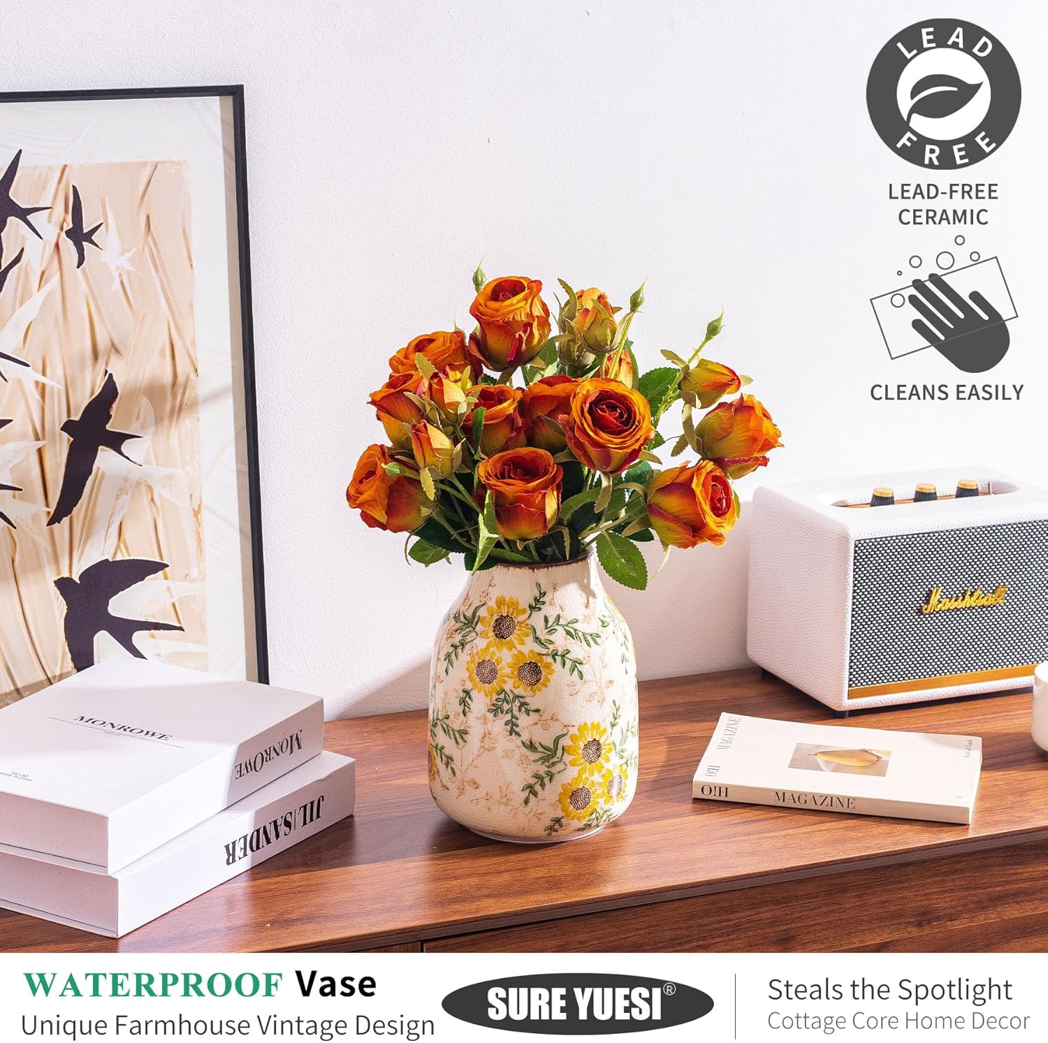 Sunflower Vintage Ceramic Yellow Floral Vase, Beige and Green Chinoiserie Home Decor for Fireplace Mantle, Table Centerpieces, Kitchen Counter, Tuscan, Cute Flower Vase for Living Room Office 7.8 Inch