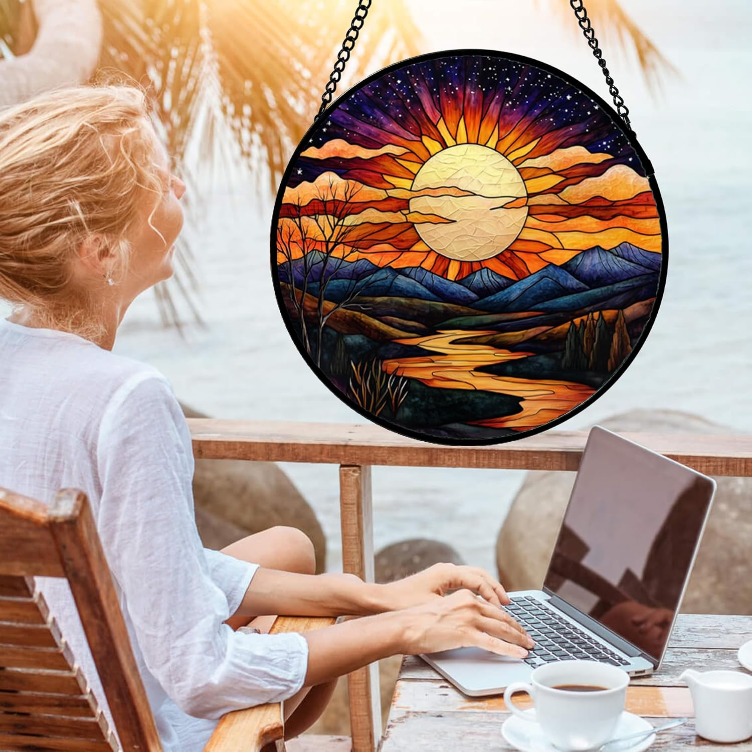 Stained Glass Window Hanging, The Sun Shines Brightly on Lake Sun Catchers Colorful Glass Panel Suncatcher Decor for Birthday for Women, Men, Wife, Lovers, and Mom 14.9x14.9 in