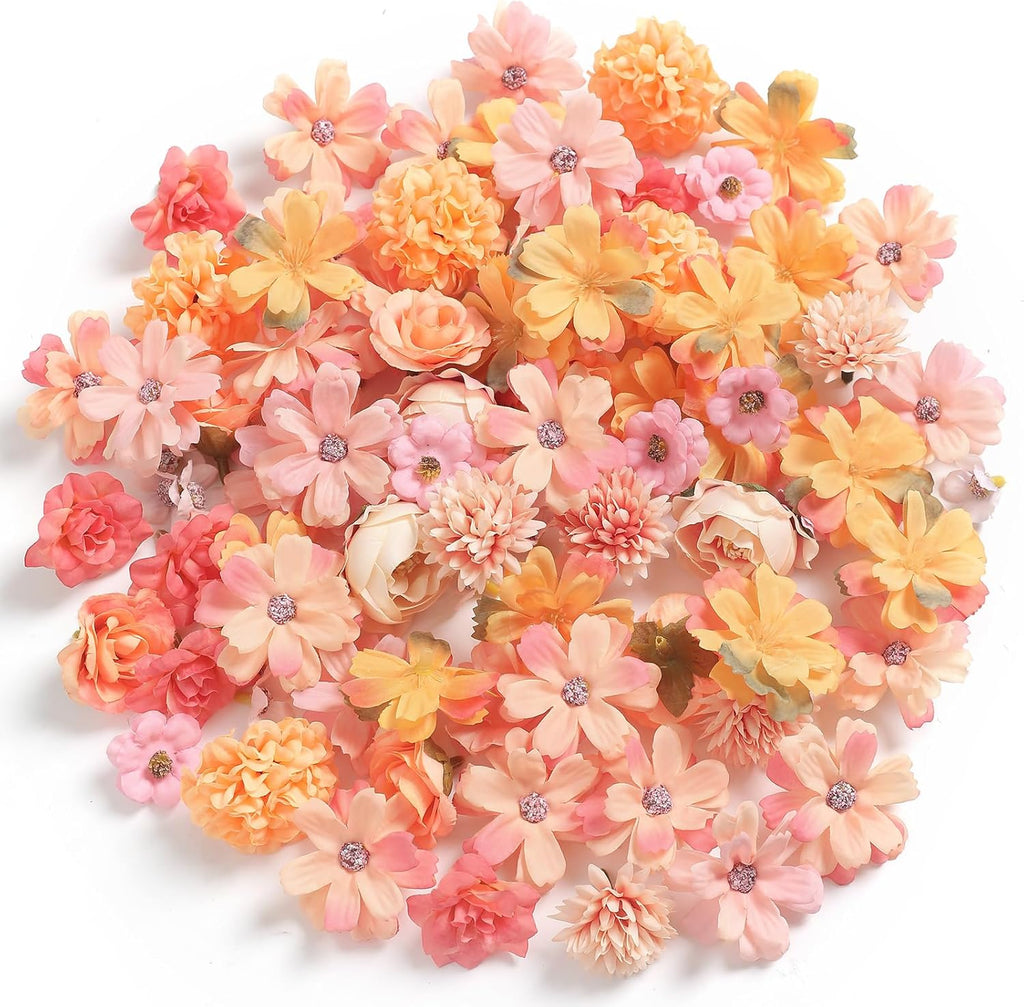 Small Artificial Flower Heads 2-4 cm, Fall Silk Faux Orange Peony Daisy Rose, for DIY Crafts, Wedding Garland, Graduation Cap, Cake Topper & Home Decoration (125, Orange)