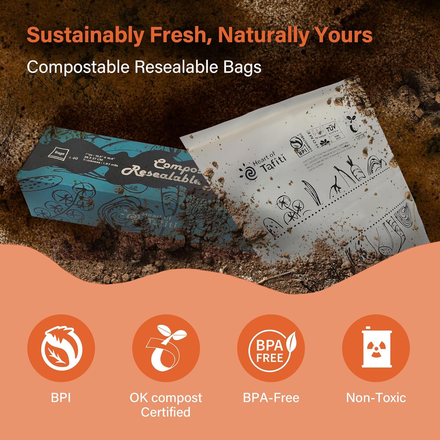 Compostable Food Storage Bags, Large Gallon Resealable Freezer Bags, 60 Count, 10.5 x 10.6 inches, Extra Thick and Reusable, Eco-Friendly, Certified US BPI ASTM D6400 Europe OK Compost