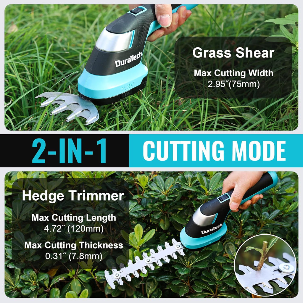DURATECH Cordless Hedge Trimmer, 7.2V 2-in-1 Handheld Rechargeable Grass Trimmer & Hedge Shears with USB Type-C Cable, Built-in Li-ion Battery, Electric Shrub & Grass Shears for Garden, Yard and Lawn