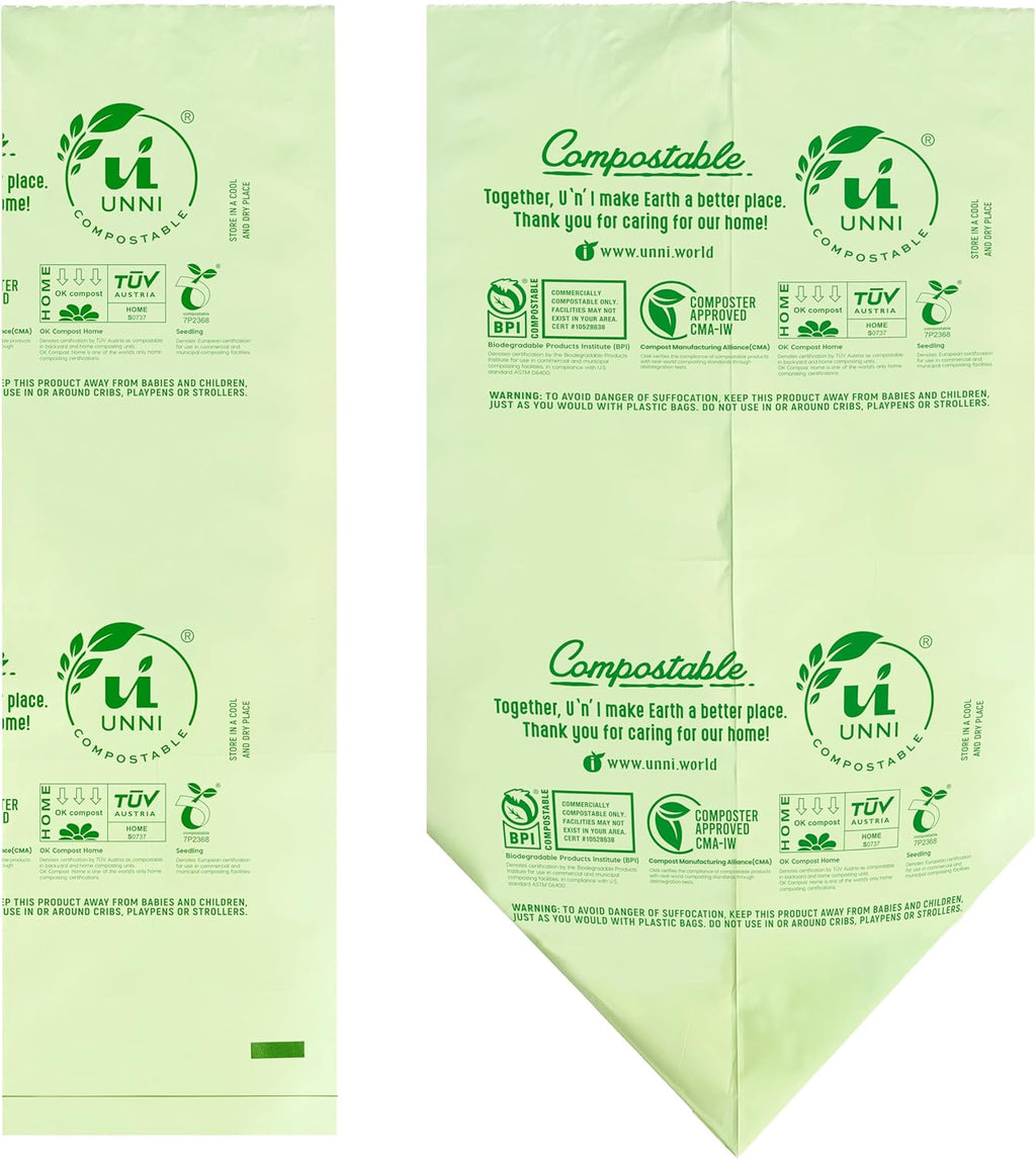 UNNI Compostable Trash Bags, 13 Gallon / 49.2 Liter, 100 Count, Extra Thick 0.9 Mil Tall Kitchen Food Scrap Bin Liners, Certified by BPI, CMA & OK compost HOME, Meets the ASTM D6400 Standard