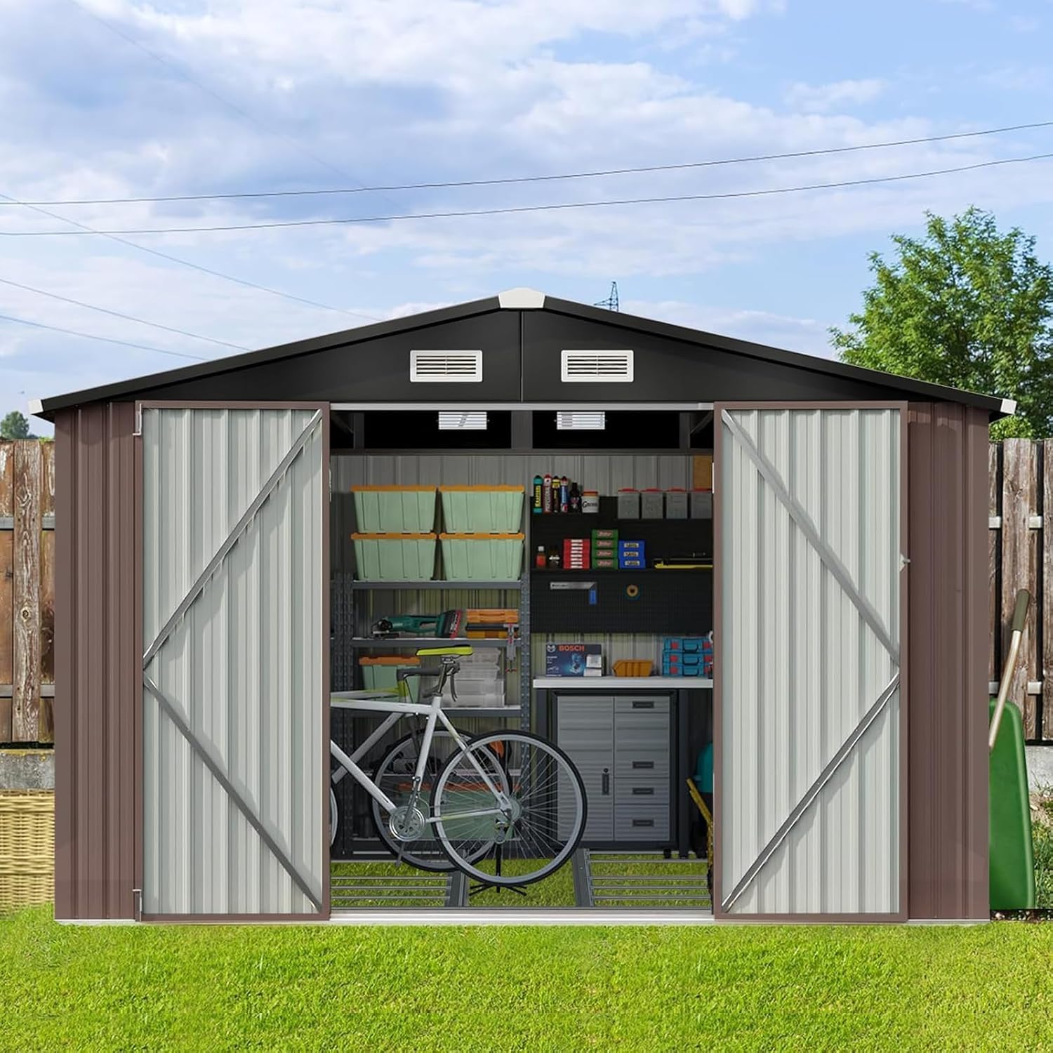Aoxun 9.4x7.3x6.5 FT Outdoor Storage Shed, Garbage Can, Outdoor Metal Shed for Tool, Garden, Bike, Placed in Patio, Garden Brown Base Included