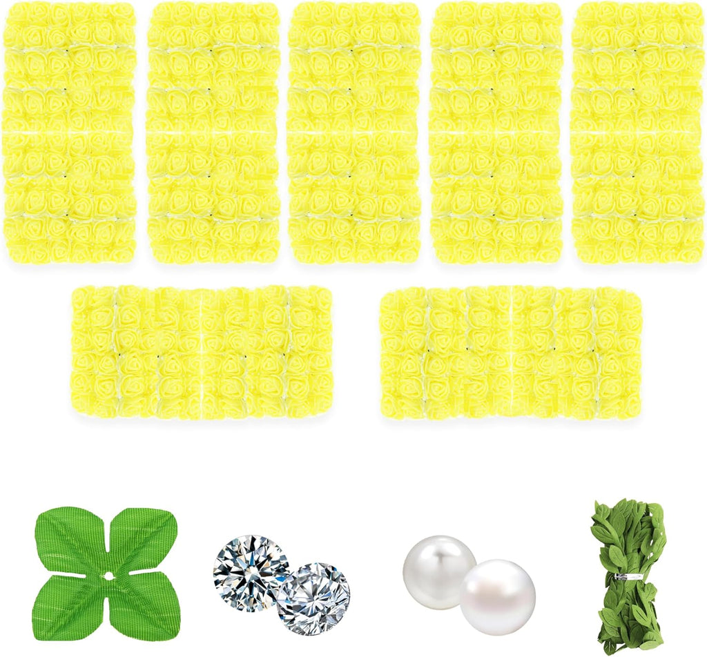 500 Pcs 0.6 Inch Mini Artificial Flowers Head Bulk 5 in 1 Set Faux Foam Fake Small Rose Tiny Baby Flores Bouquet Wreath Gift Hair Clip Home Decoration DIY Craft (Yellow)