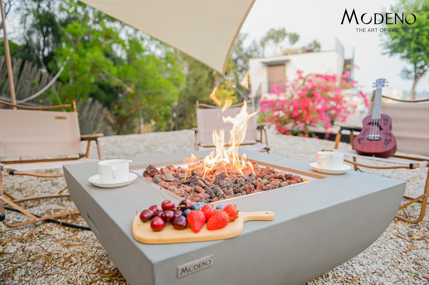 AMS Fireplace | Modeno Westport Package | Light Gray Liquid Propane Gas Fire Pit Table for Outside Patio Bundle with Tank Cover, Wind Guard, & SS Burner Lid | Free Ice Bucket & Rubber Mat