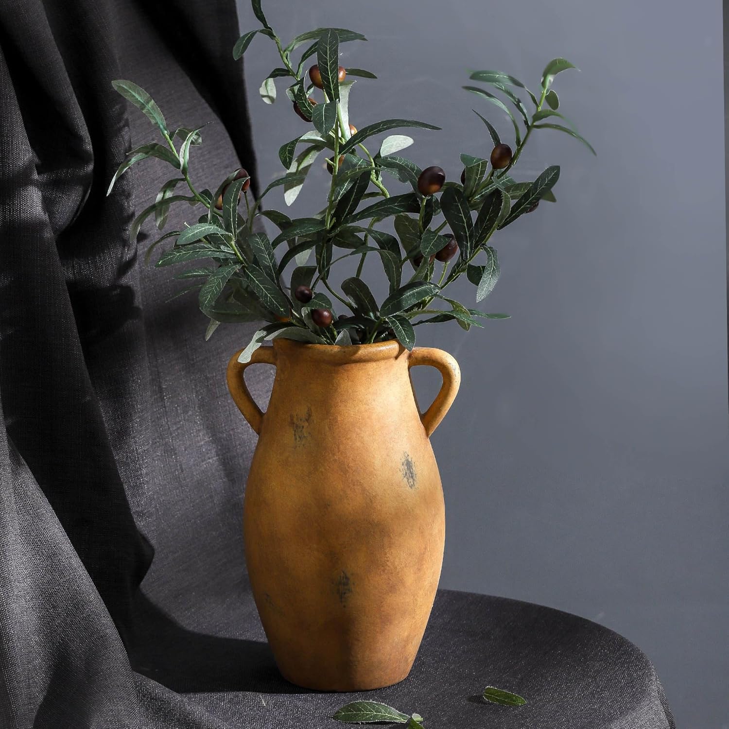 Large Ceramic Flower Vase,11.3 inch Terracotta Vase with 2 Handles, Rustic Farmhouse Vases, Decorative Pottery Flower Vases for Home Decor, Living Room Shelf Decor, Table