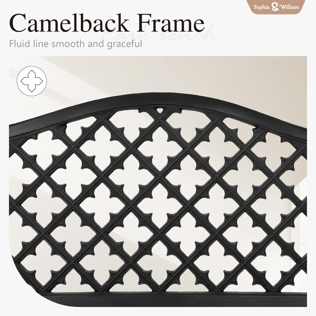 Sophia & William Outdoor Bench, 50 inches Metal Garden Bench, Cast Iron Park Benches for Outside with Floral Backrest and Straight Legs for Porch Yard Lawn Deck,Black