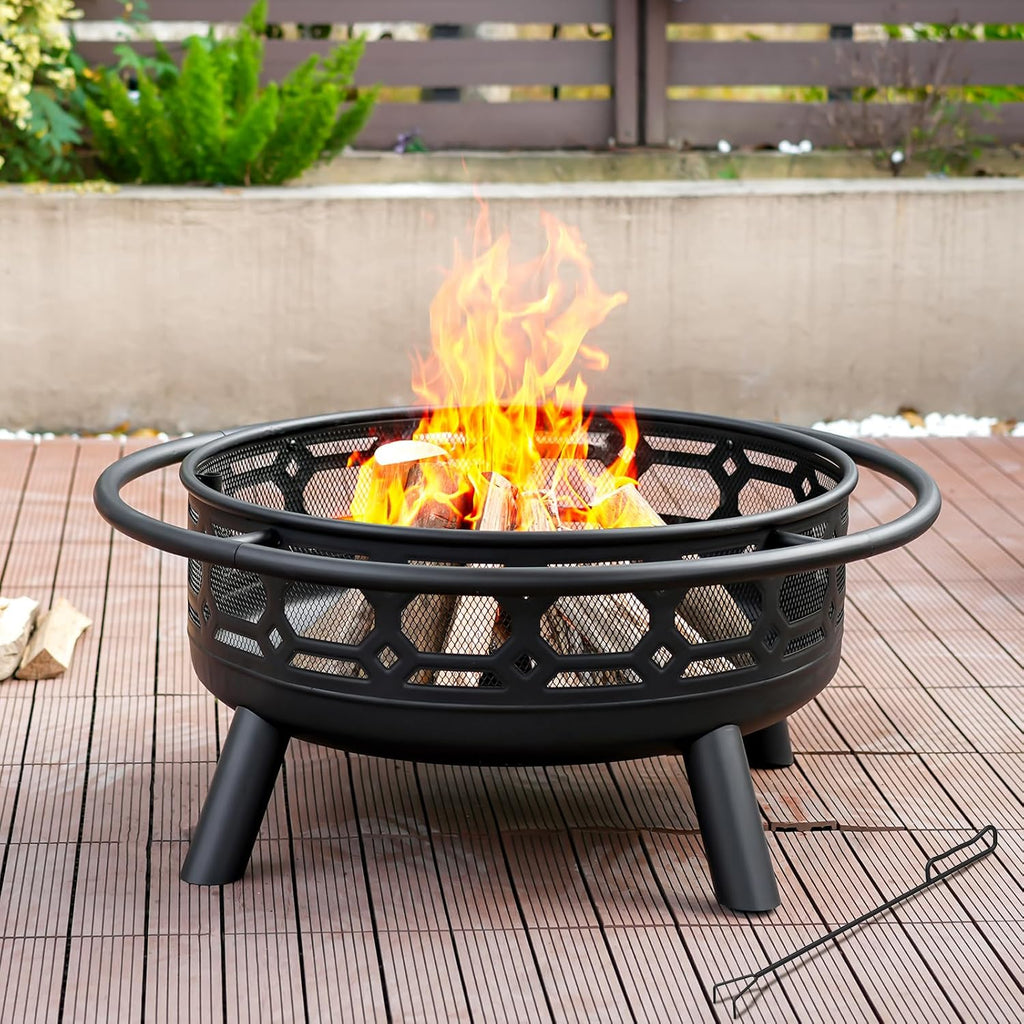36 Inch Fire Pit, Outdoor Wood Burning Firepit with Removable Grill & Poker, Heavy Duty Metal Round Fireplace,2 in 1 Large Bonfire for Outside,BBQ,Yard,Patio
