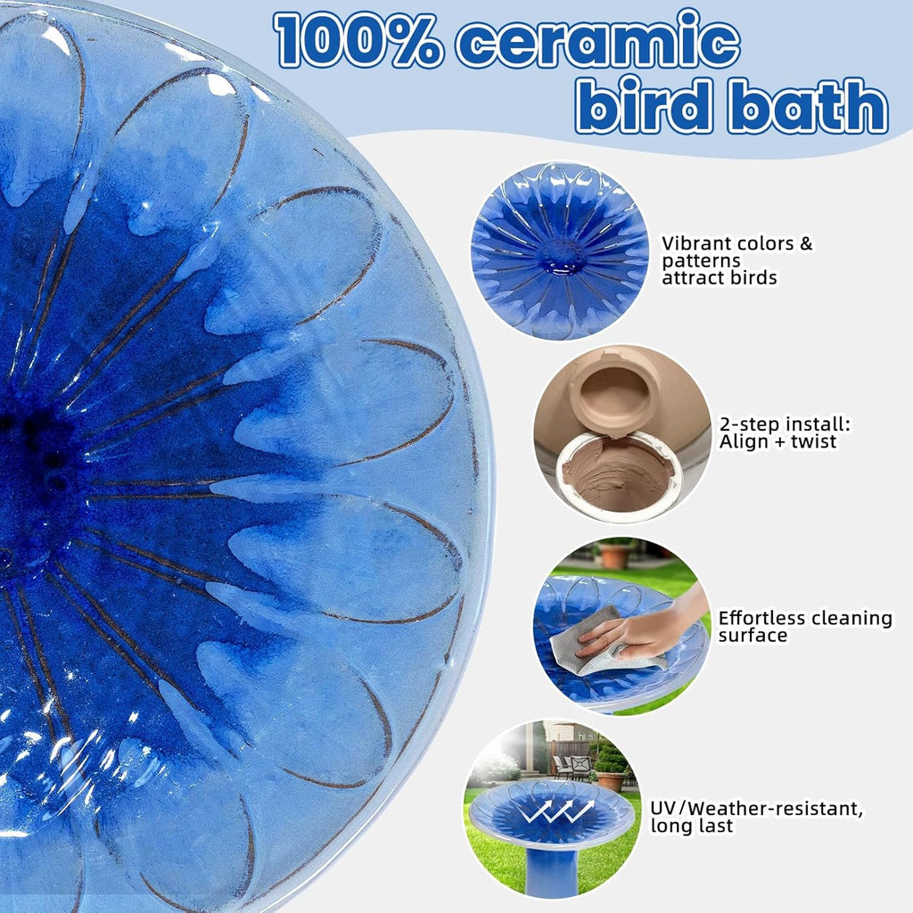 Ceramic Bird Bath for Outdoors – 18" H Birdbath Tool-Free Assembly, Hand-Glazed Earthenware with Non-Slip Bowl, Weather-Proof Sturdy Pedestal Design, Garden Decor (Blue)