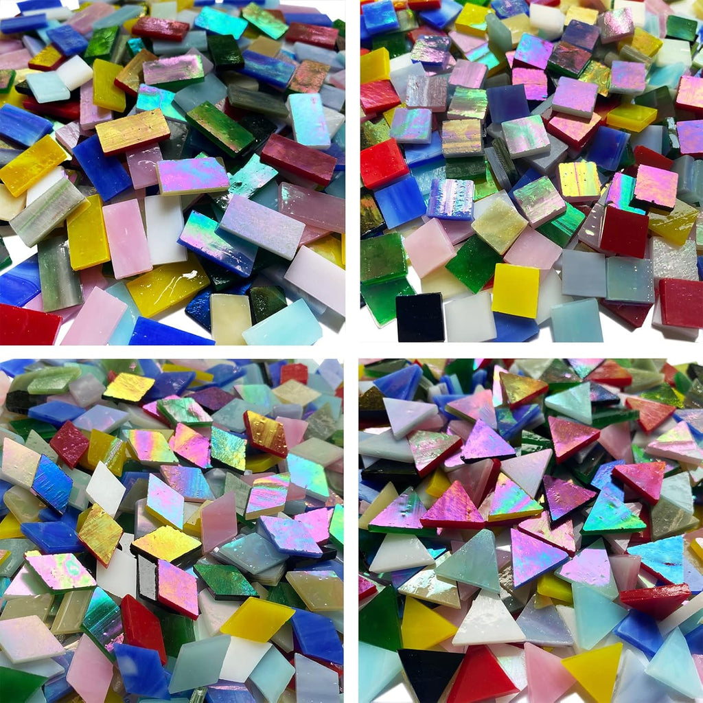 510 Pieces Iridescent Glass Mosaic Tiles for Crafts, Mixed 4 Shapes Colorful Stained Glass Pieces Supplies for Mosaic Projects, KALUCION Mosaic Kit for Adults, Assorted Rainbow Colors