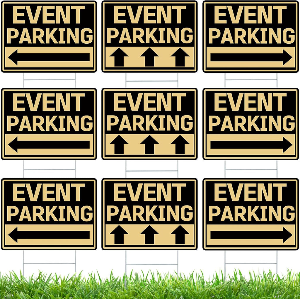 Juexica 9 Pieces 16 x 12 Inches Outdoor Event Parking Signs with Arrow Corrugated Plastic Yard Double Sided Event Signs Outdoor Directional Guest Parking(Black and Gold)
