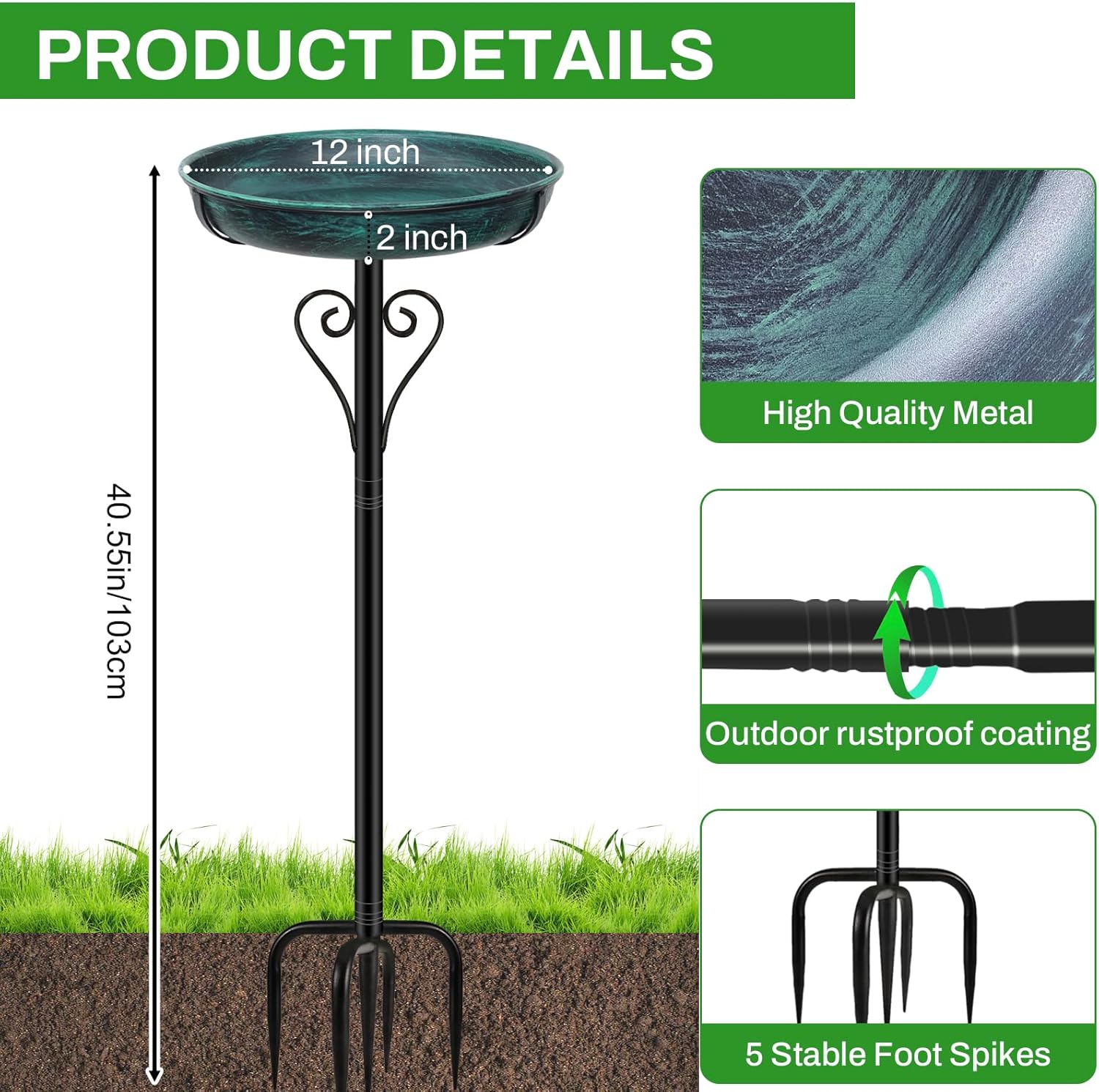 Metal Bird Bath for Outside, Vintage Freestanding Birdbaths with Metal Stake, Upgraded 5 Pronged Base Birdfeeder Feeder Bowl for Outdoors Garden Patio Yard Lawn Decor (Vintage Green)