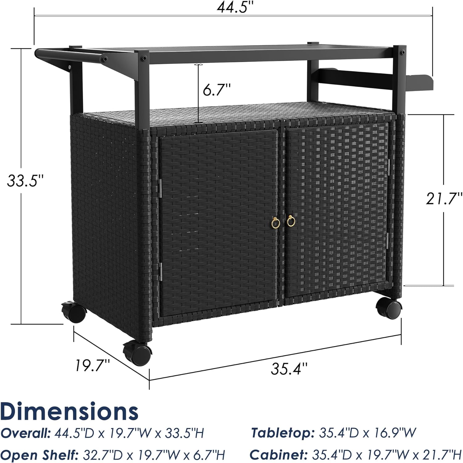 Xilingol Outdoor Bar Table, Wicker Bar Cart with Cabinet, Patio Serving Cart with Tempered Glass Top, Lockable Wheels, Rounded Handle & Side Basket for Garden, Poolside & Backyard, Black