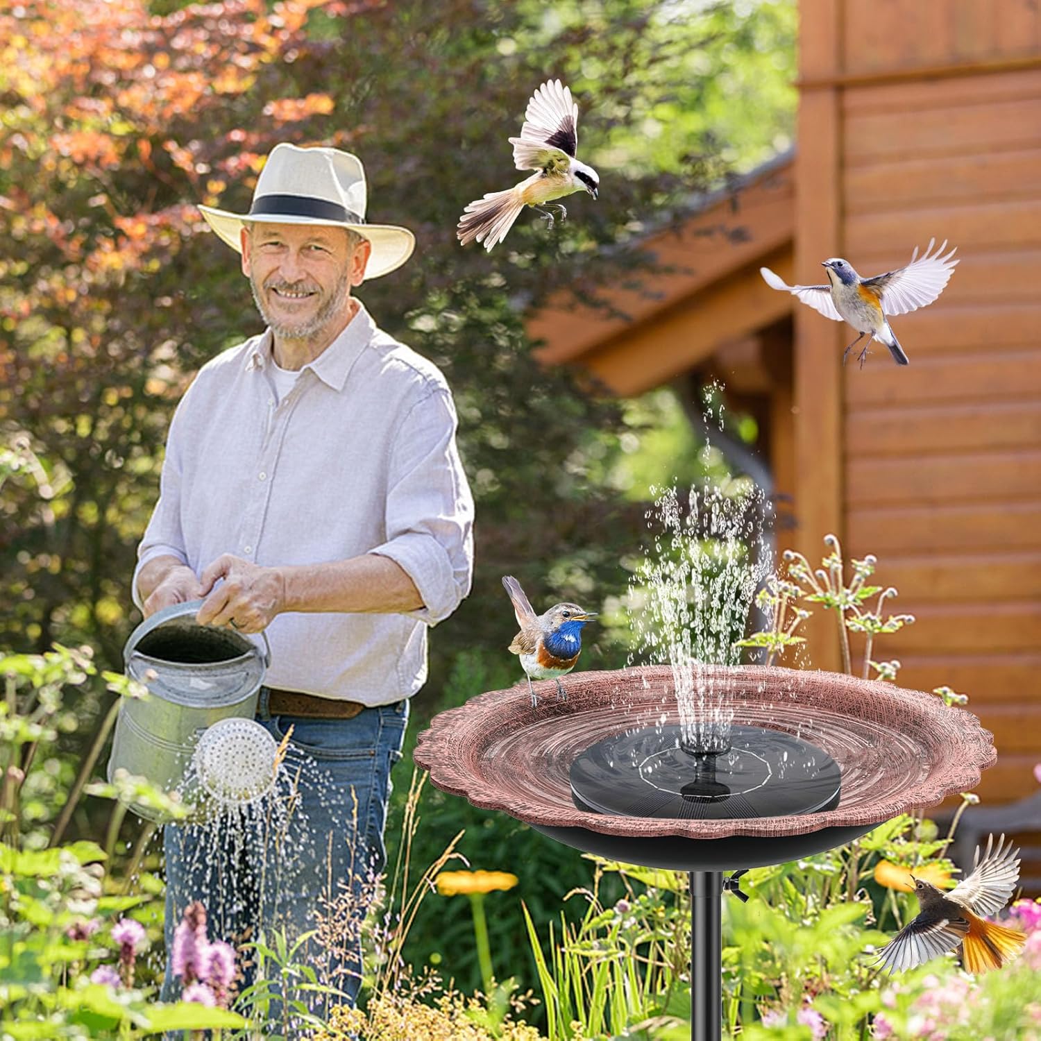 Bird Bath for Outside, MeyRolizn Metal Birdbath Birdfeeder Decorated with 5 Prong Base Stand, Outdoor Freestanding Bird Baths Feeder Bowl Garden Decor Yard Patio Lawn Art (Vintage Copper)