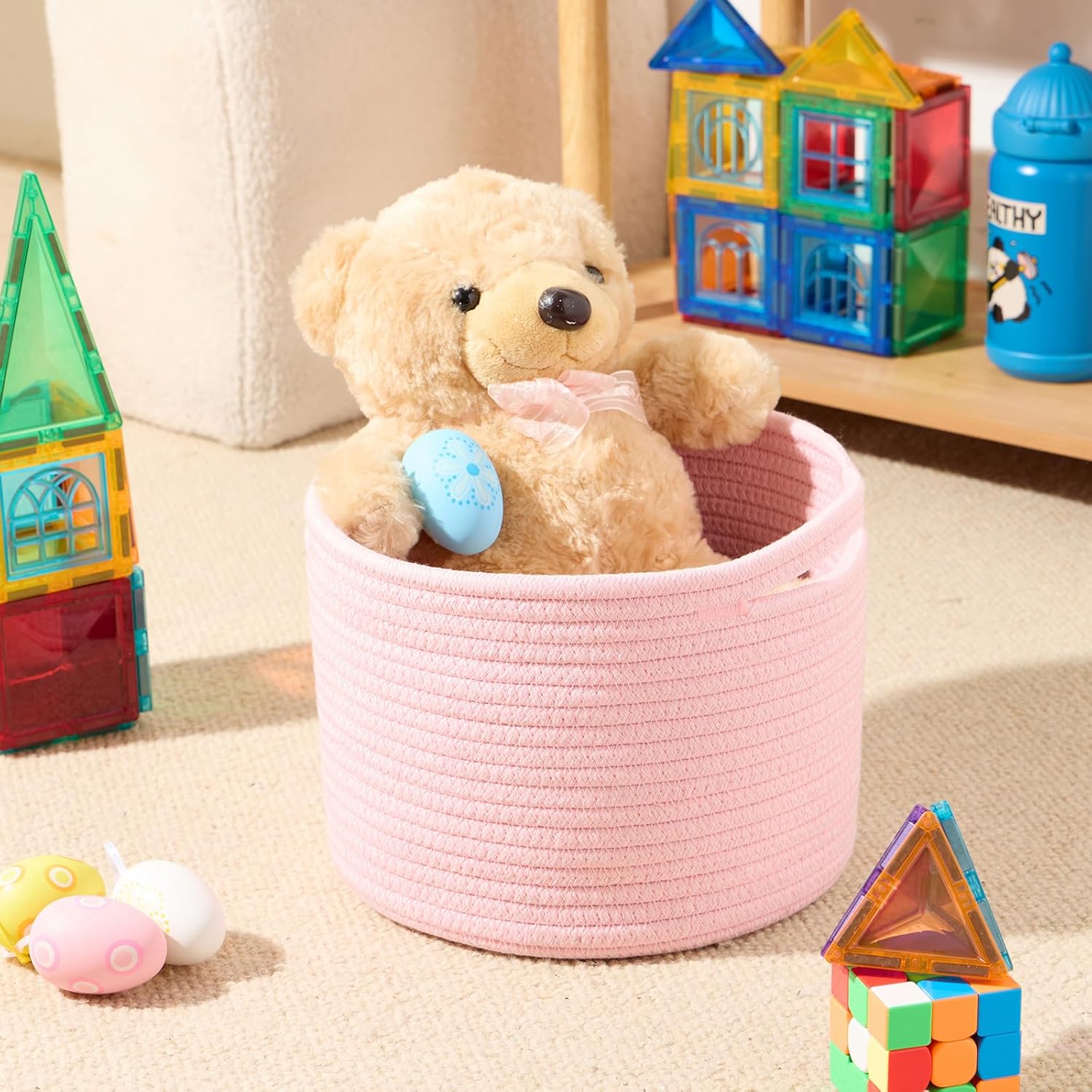 Small Basket for Organizing | Cube Shelf Closet Storage Baskets | 9.7×9.7×7.1” | Woven Rope Gift Basket | Nursery | Round 3 Packs Light Pink