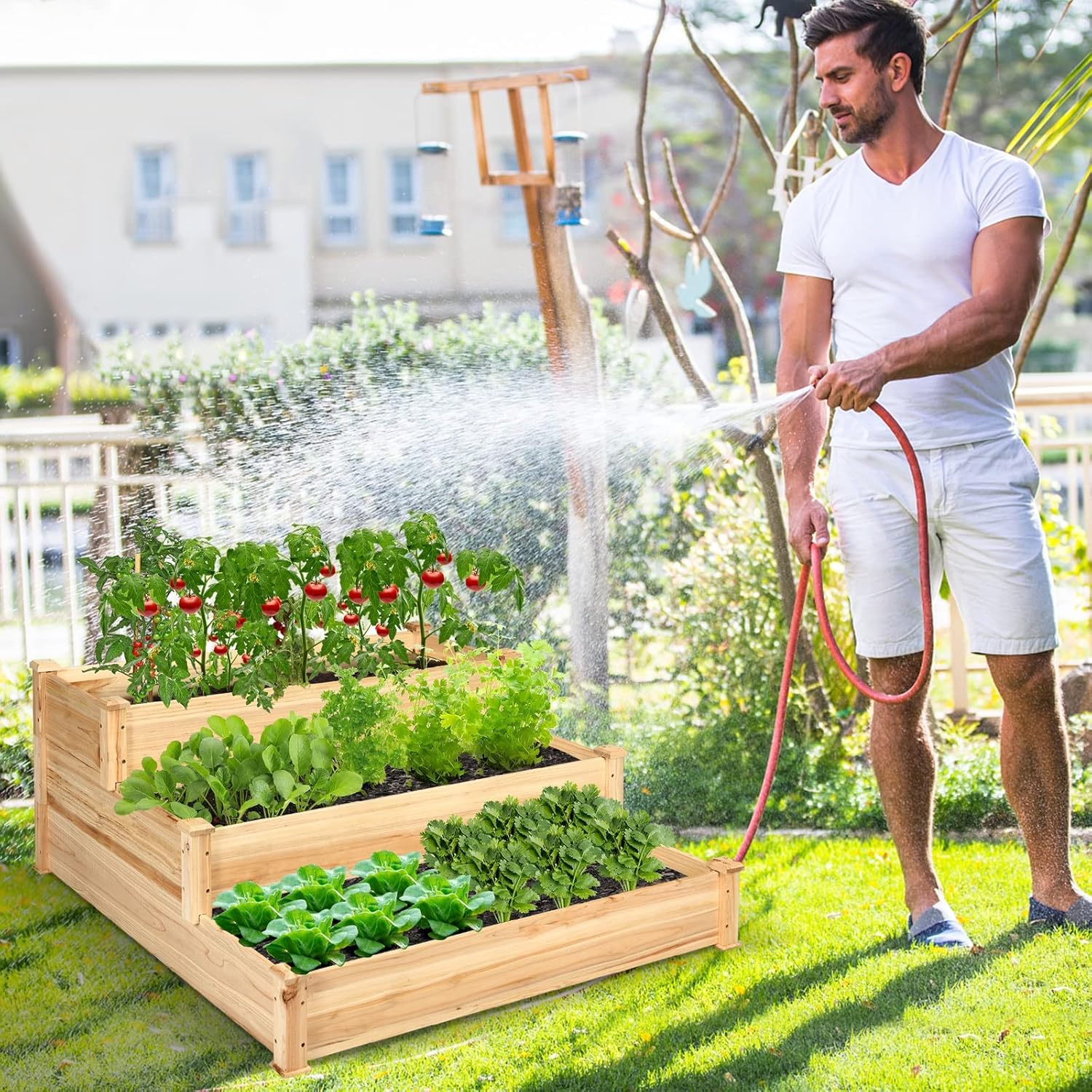 COSTWAY 3-Tier Raised Garden Bed, Wooden Elevated Planter Box for Vegetables Flowers Herbs Fruits, Outdoor Growing Planter Box Stand for Garden, Backyard, Patio, Balcony