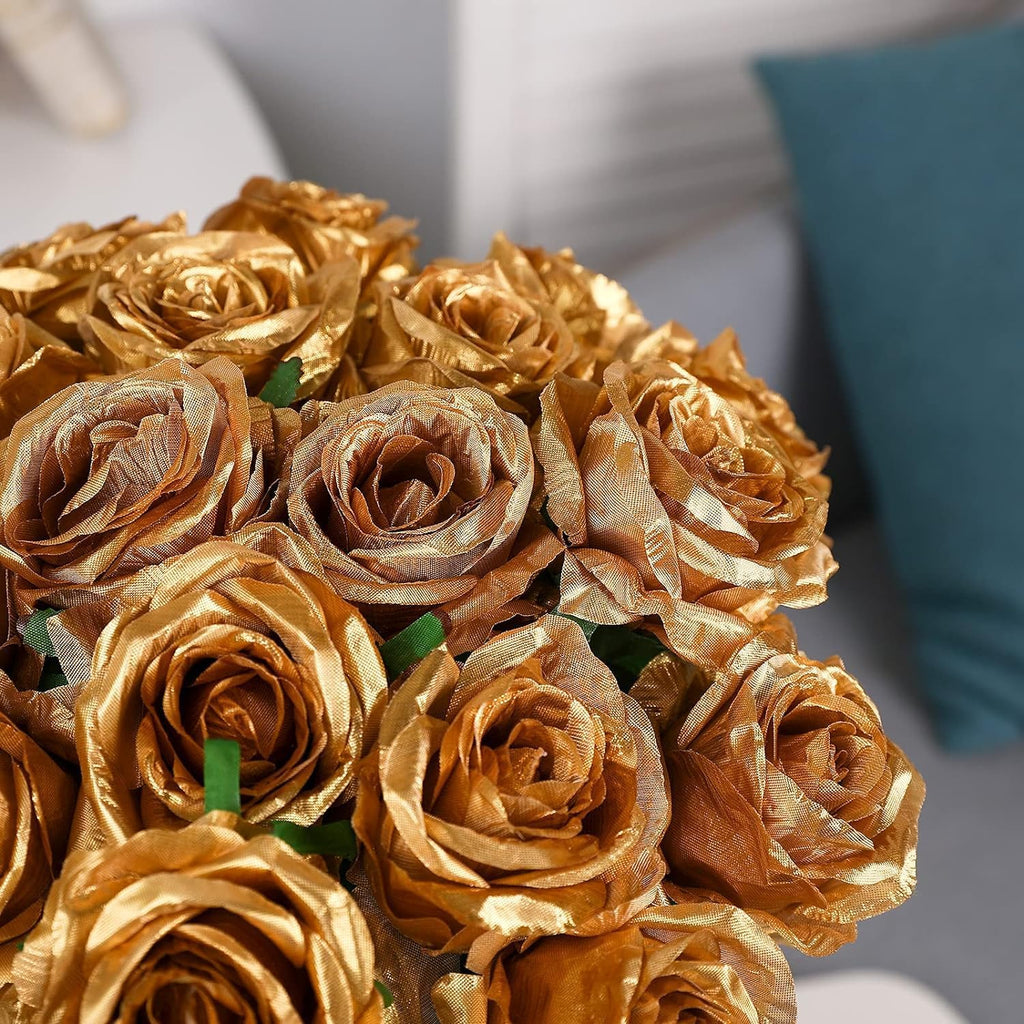 Gold Fake Roses Artificial Flowers - 10 Pcs Fake Artificial Roses Silk Flowers with Stems for Home Wedding Hotel Office Centerpiece Decor