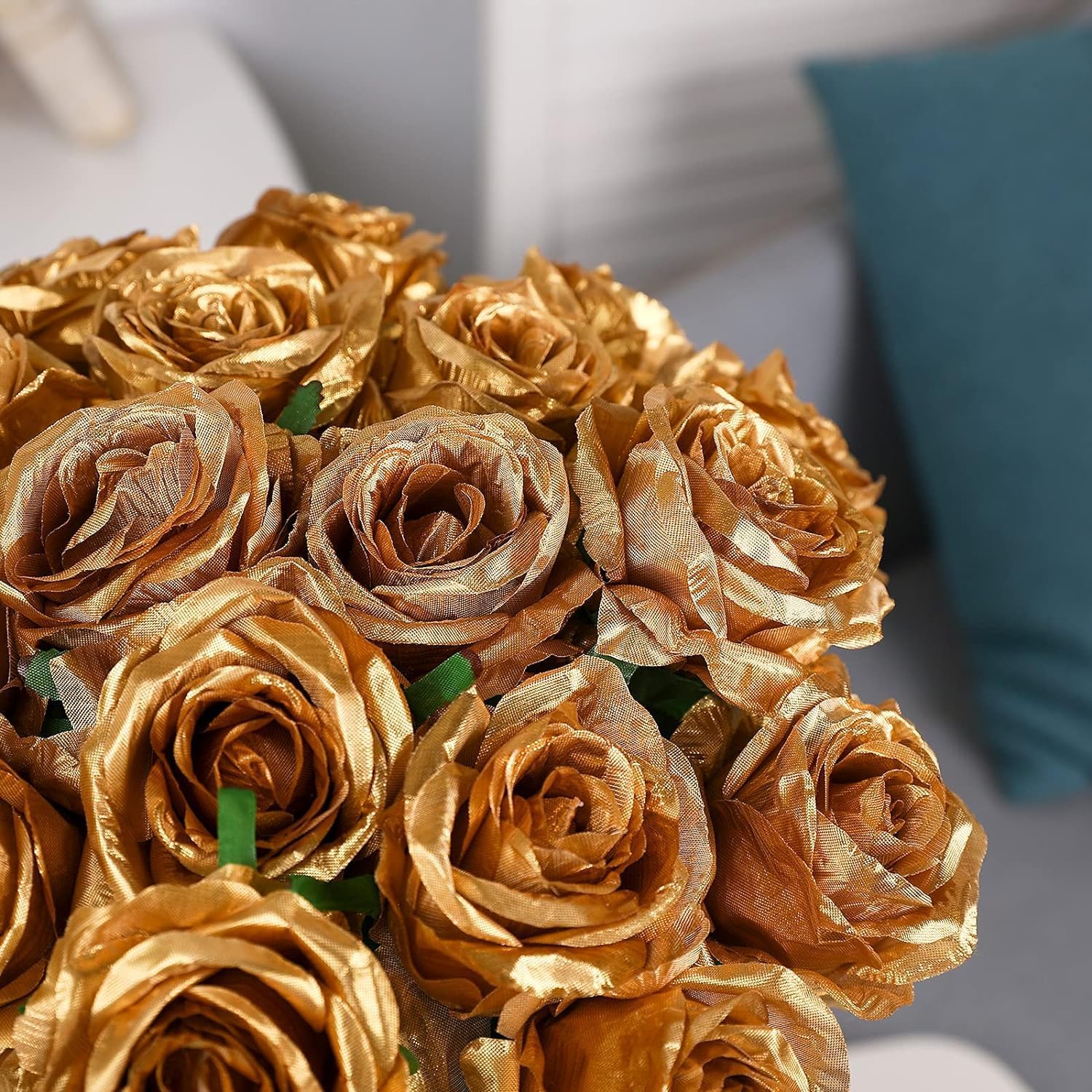 Gold Fake Roses Artificial Flowers - 10 Pcs Fake Artificial Roses Silk Flowers with Stems for Home Wedding Hotel Office Centerpiece Decor